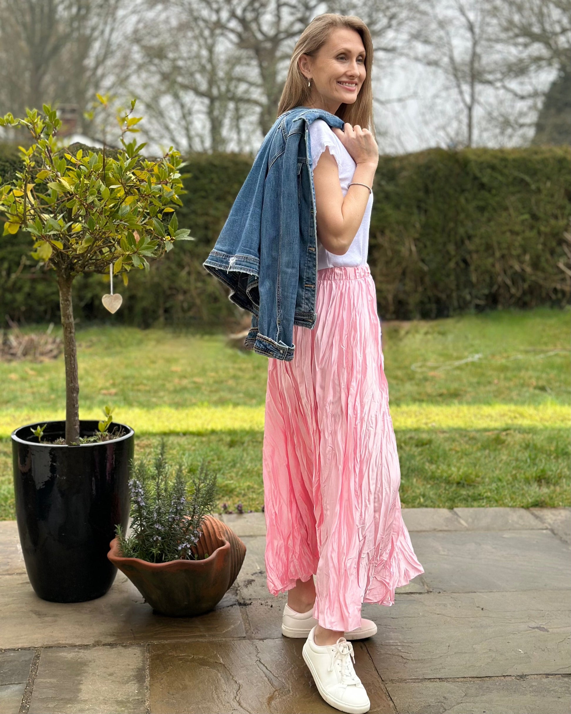 clothing Long Crinkle Satin Skirt - Pink