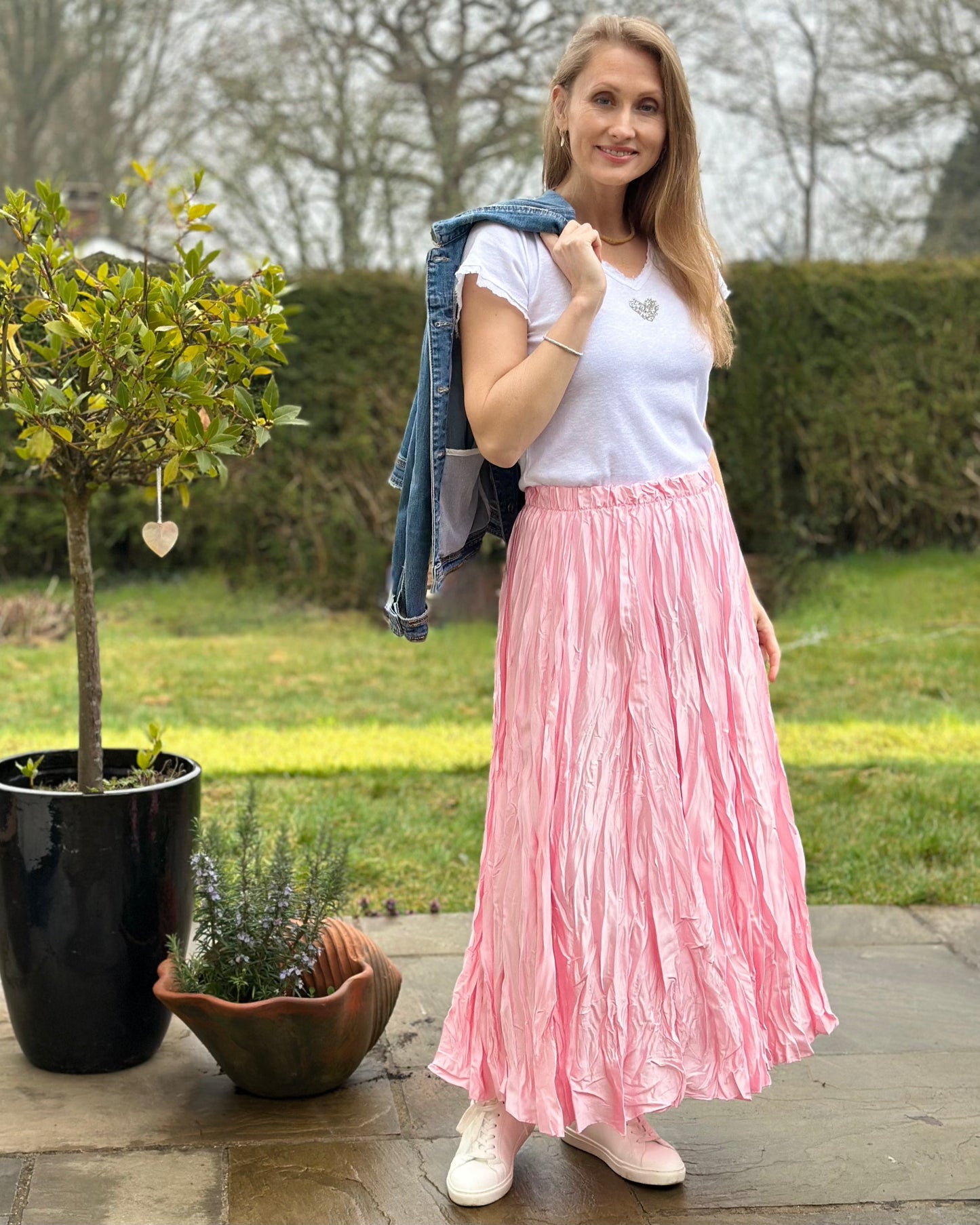 clothing Long Crinkle Satin Skirt - Pink