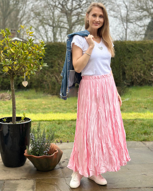 clothing Long Crinkle Satin Skirt - Pink