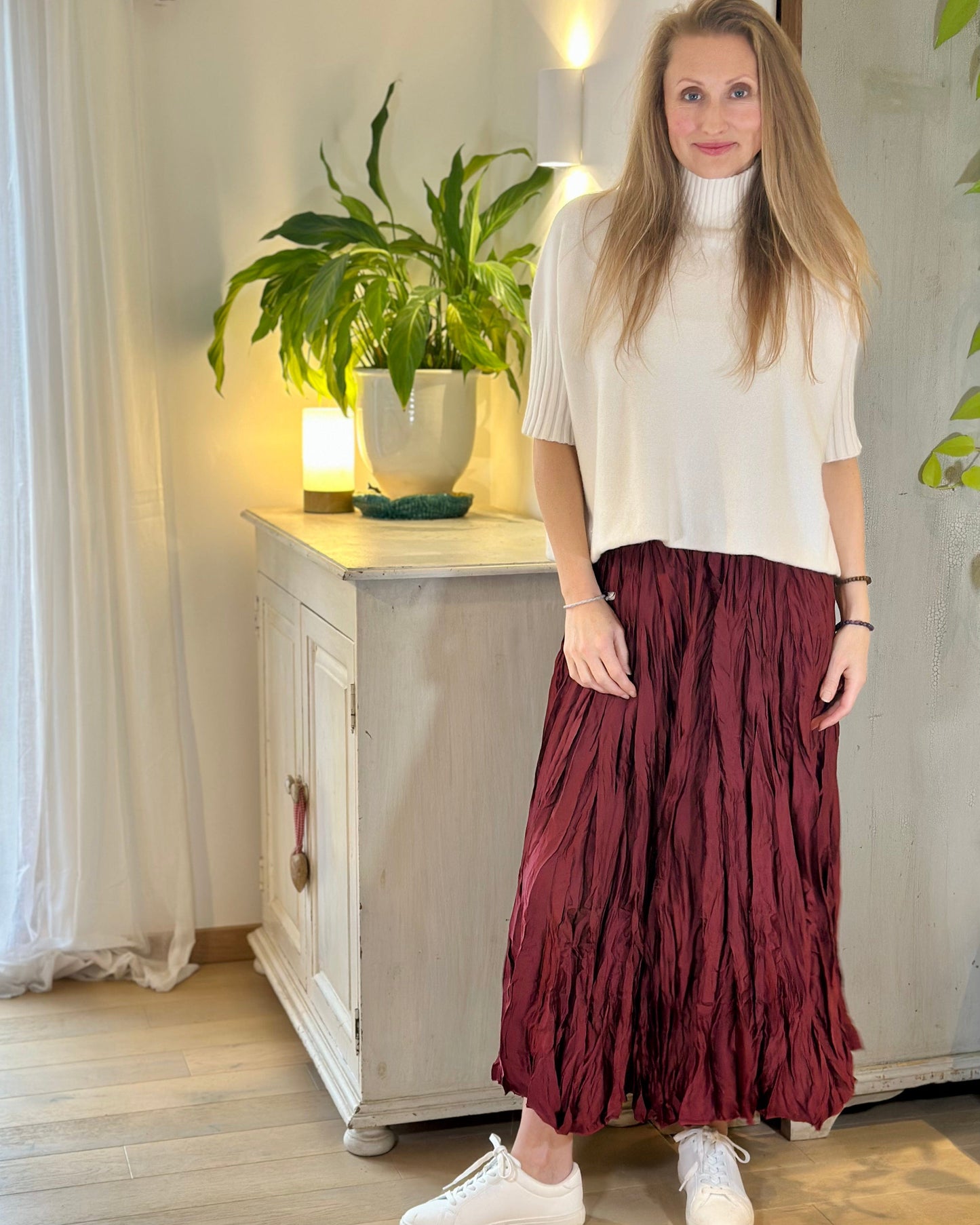 clothing Long Crinkle Satin Skirt - Wine