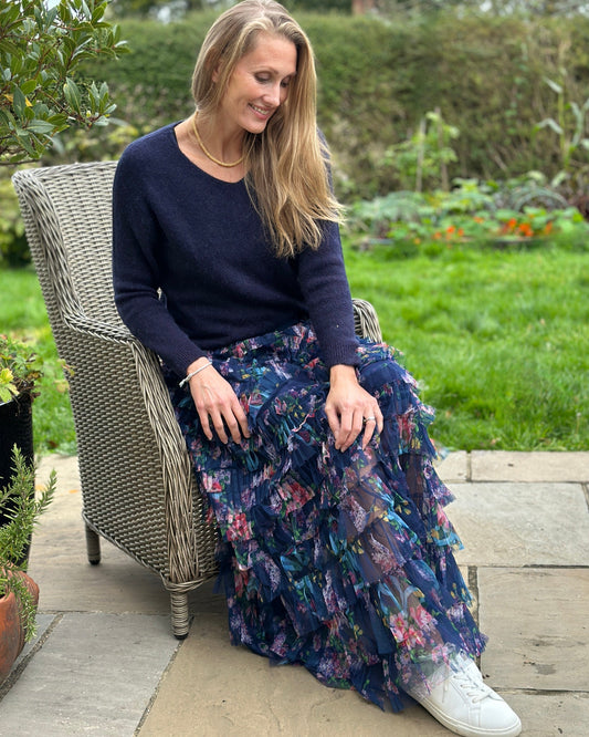 clothing Long Floral Tiered Tulle Skirt - Navy