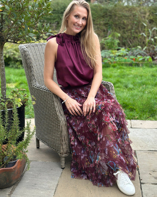 clothing Long Floral Tiered Tulle Skirt - Wine