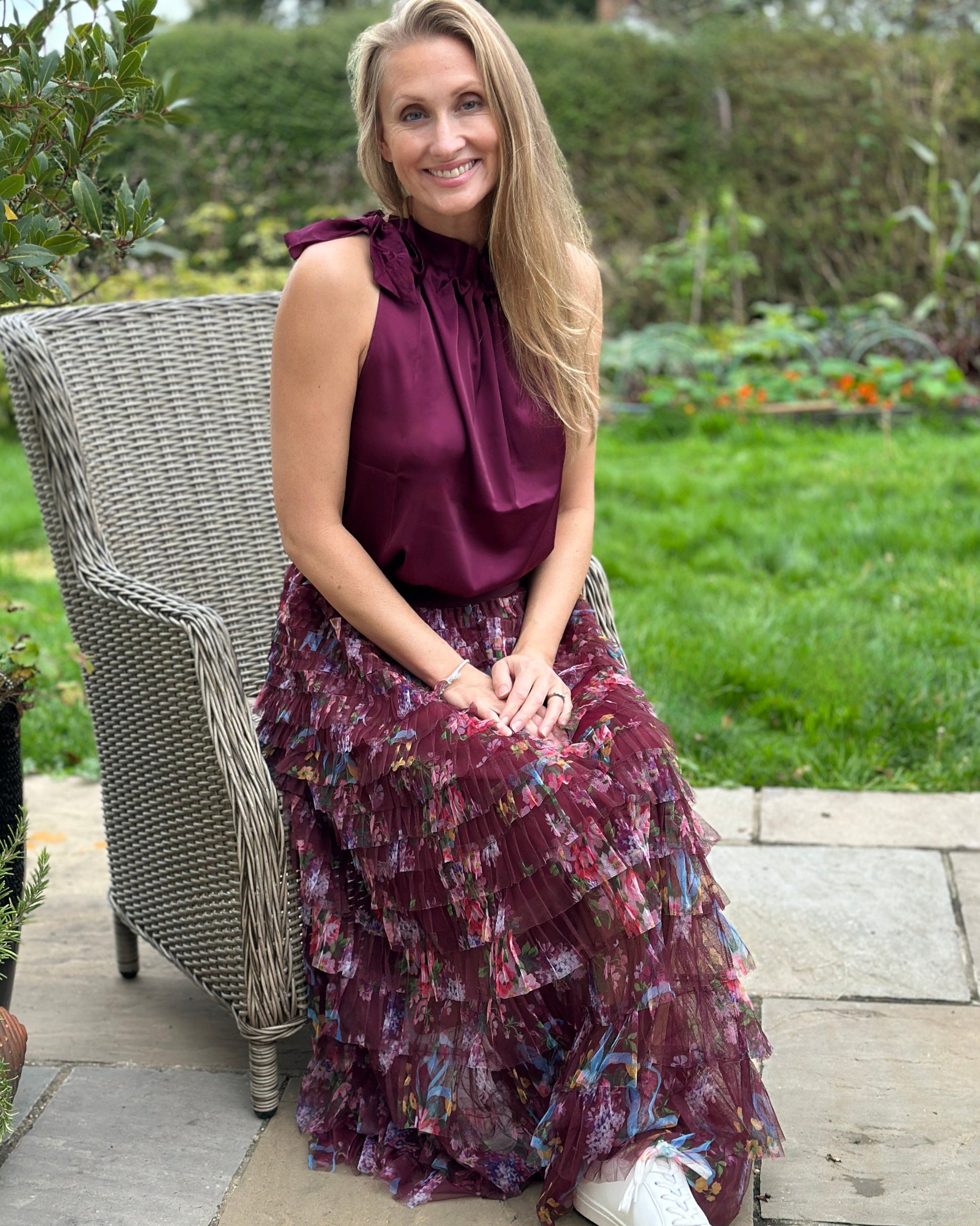 clothing Long Floral Tiered Tulle Skirt - Wine