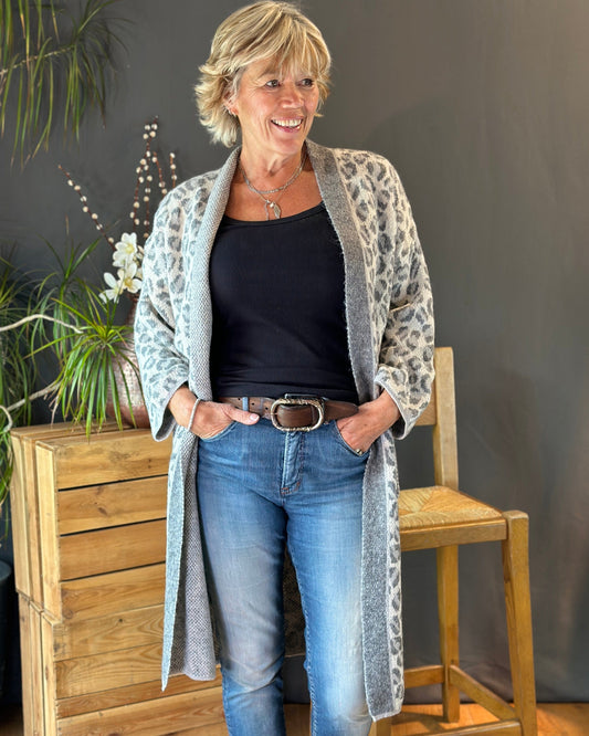 Clothing Long Leopard Print Cardigan - Grey