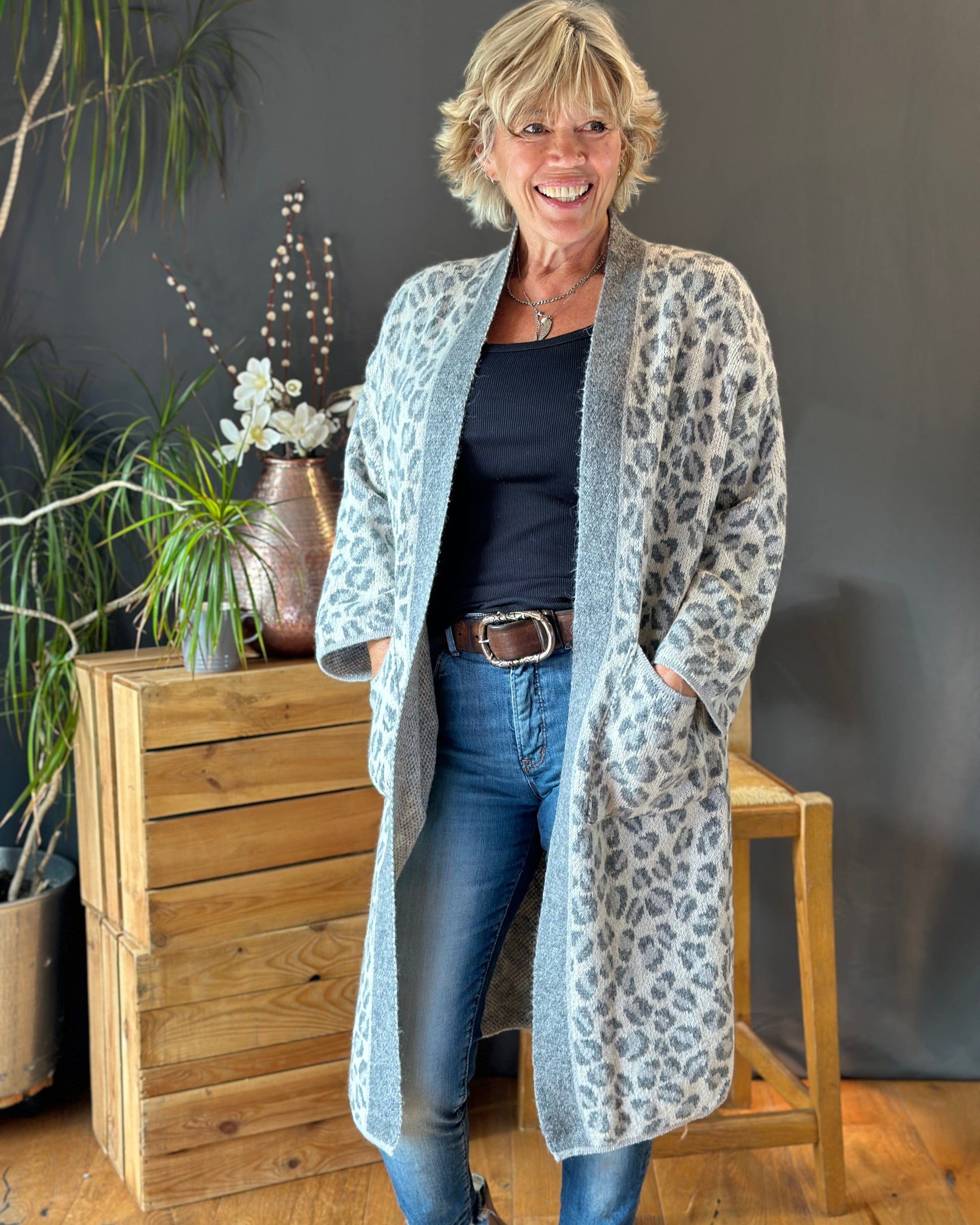 Clothing Long Leopard Print Cardigan - Grey