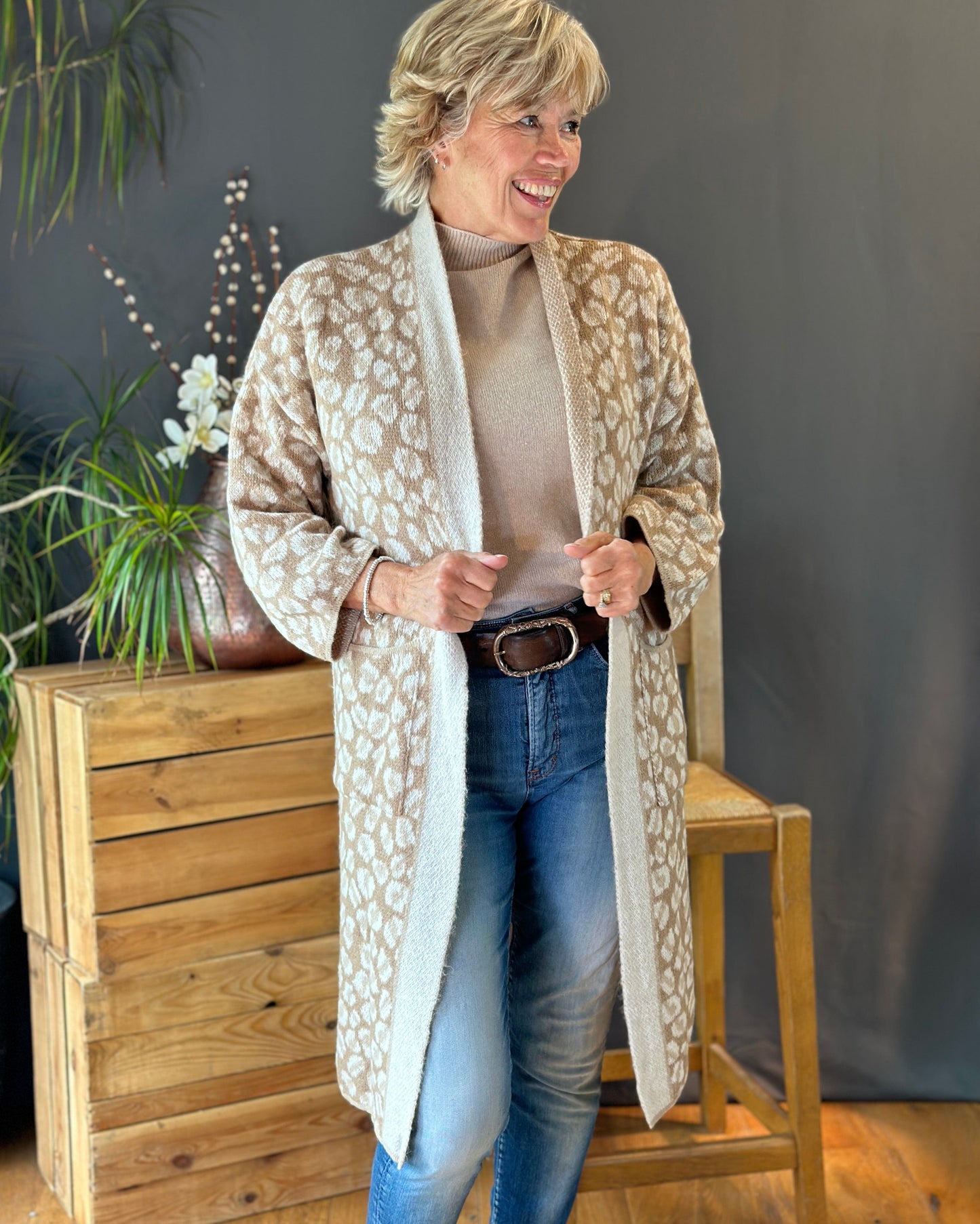 Clothing Long Leopard Print Cardigan - Taupe/Oatmeal