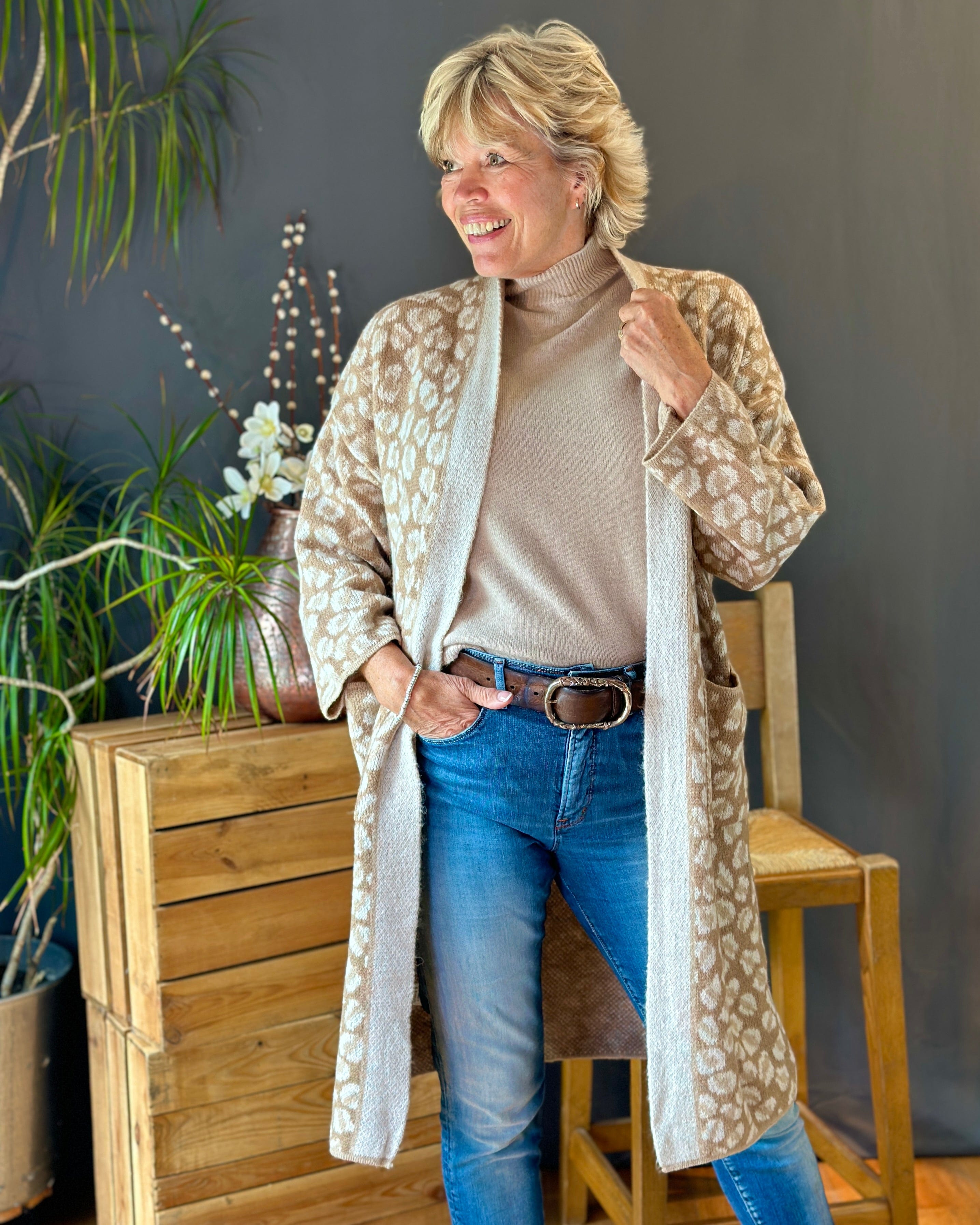 Leopard Print Button Up Cardigan - Vintage Oatmeal