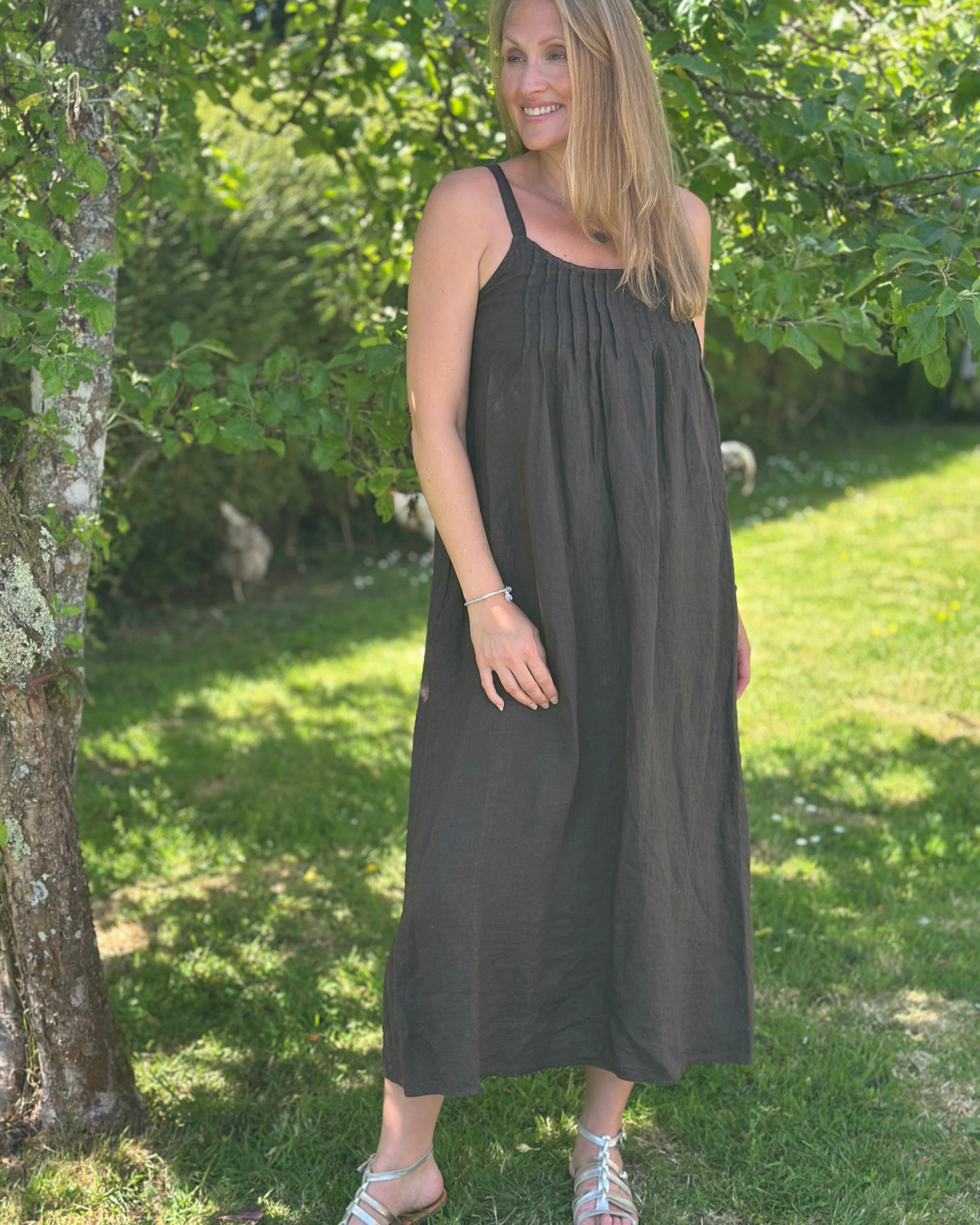Clothing Long Linen Dress with Spaghetti Straps - Chocolate