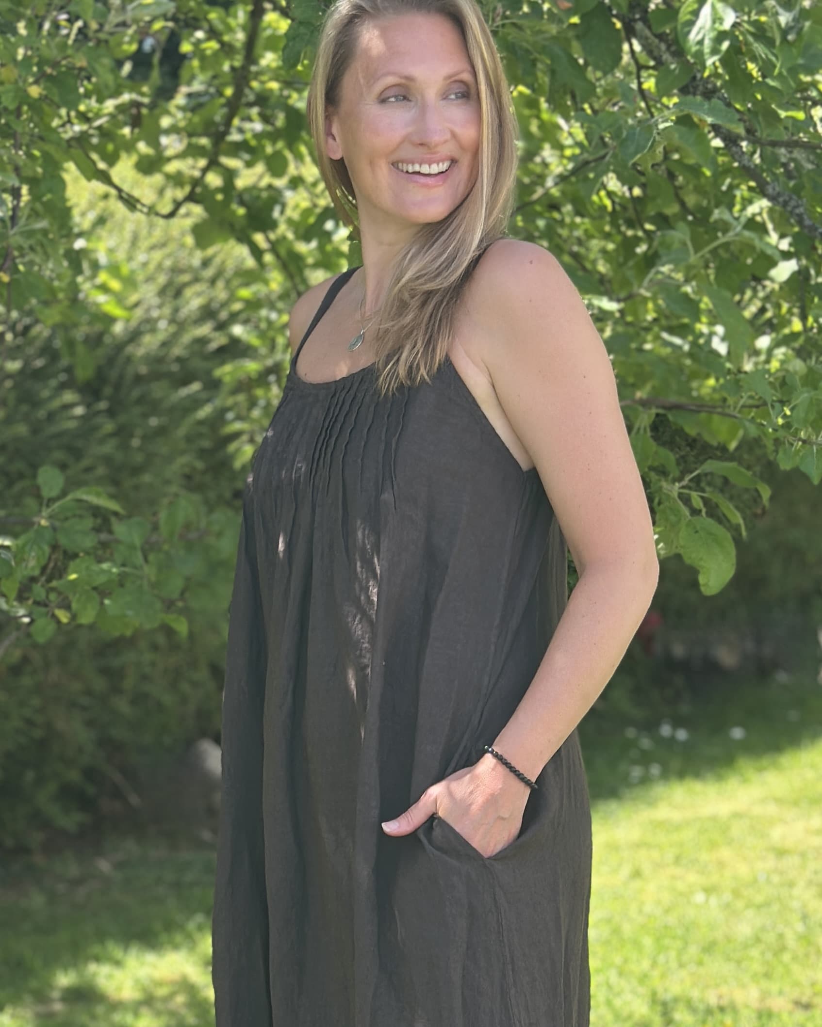 Clothing Long Linen Dress with Spaghetti Straps - Chocolate
