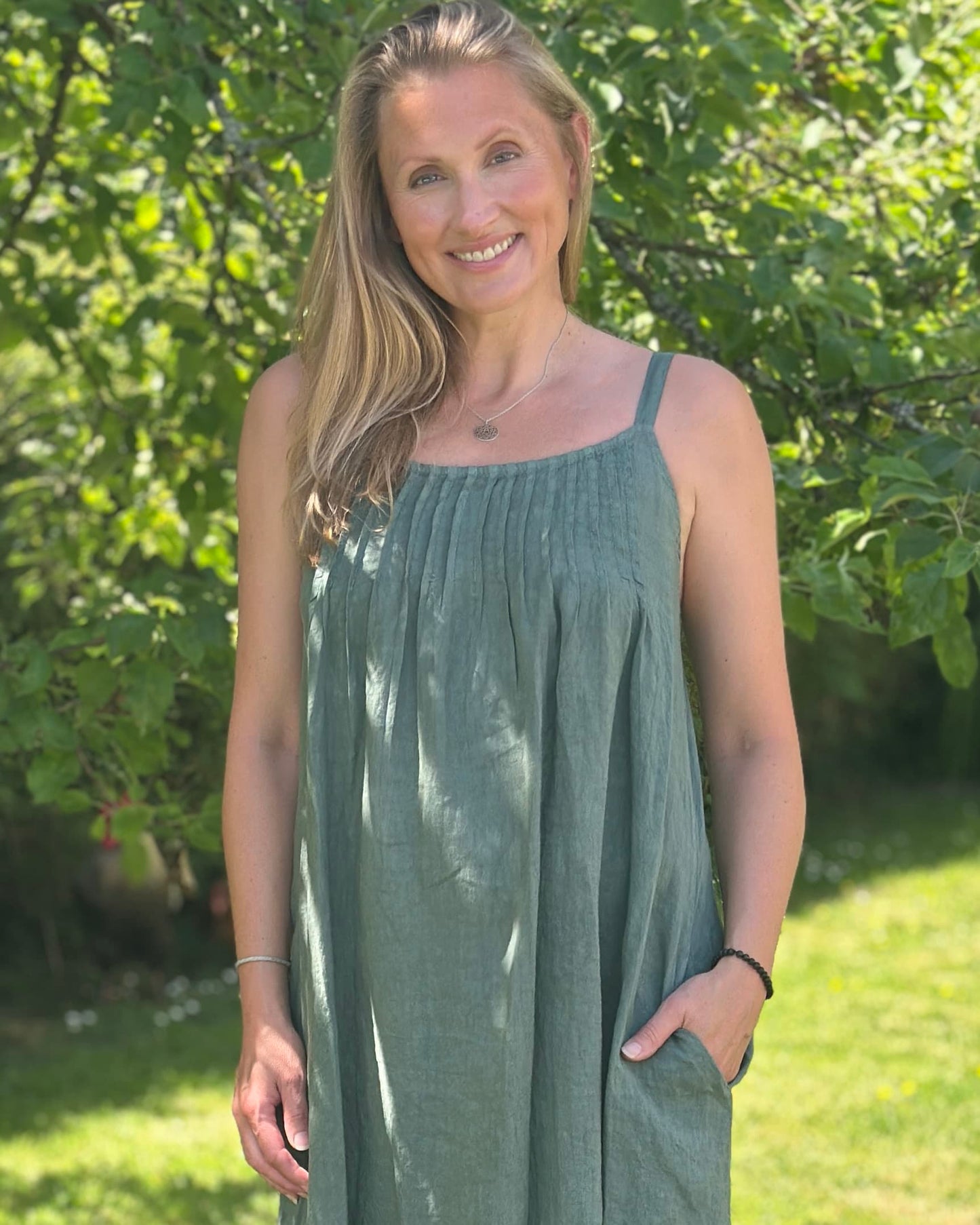 Clothing Long Linen Dress with Spaghetti Straps - Khaki