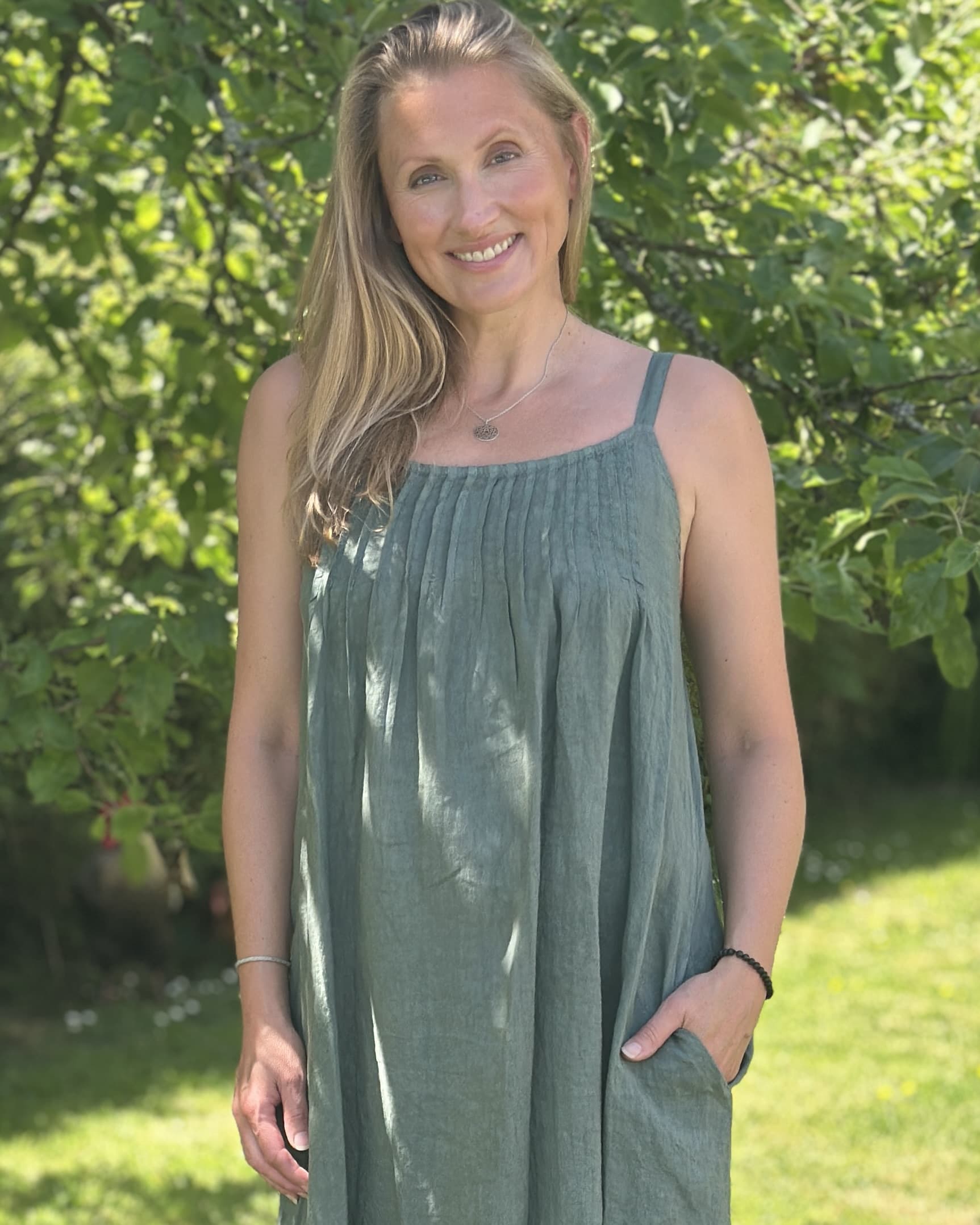Clothing Long Linen Dress with Spaghetti Straps - Khaki
