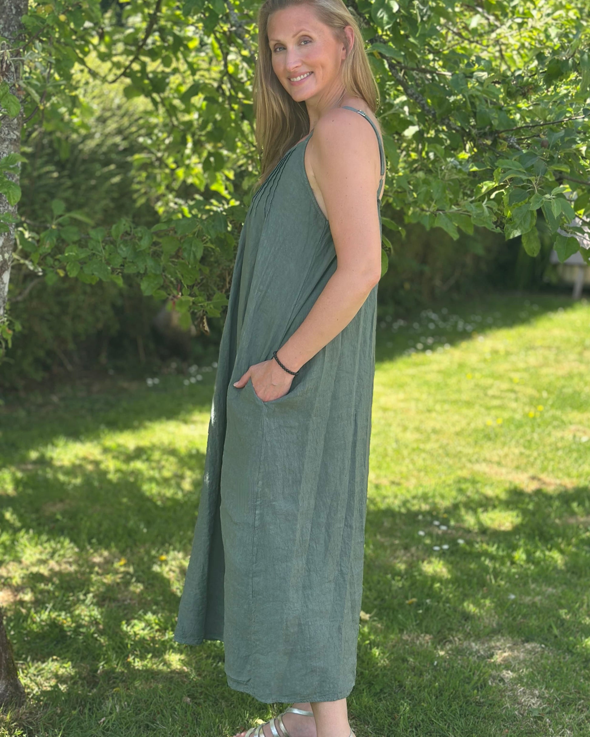 Clothing Long Linen Dress with Spaghetti Straps - Khaki