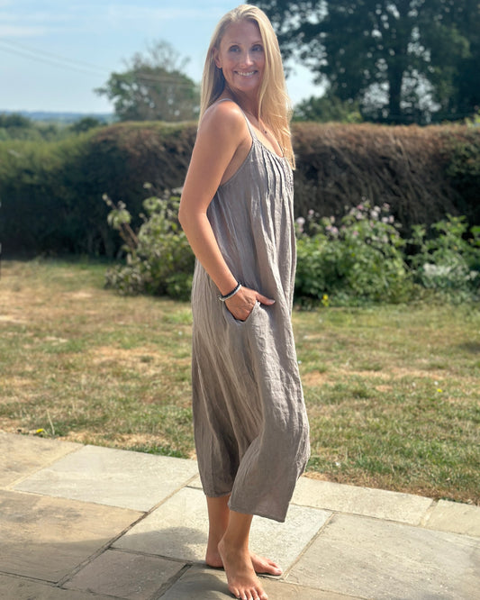 Clothing Long Linen Dress with Spaghetti Straps - Mocha