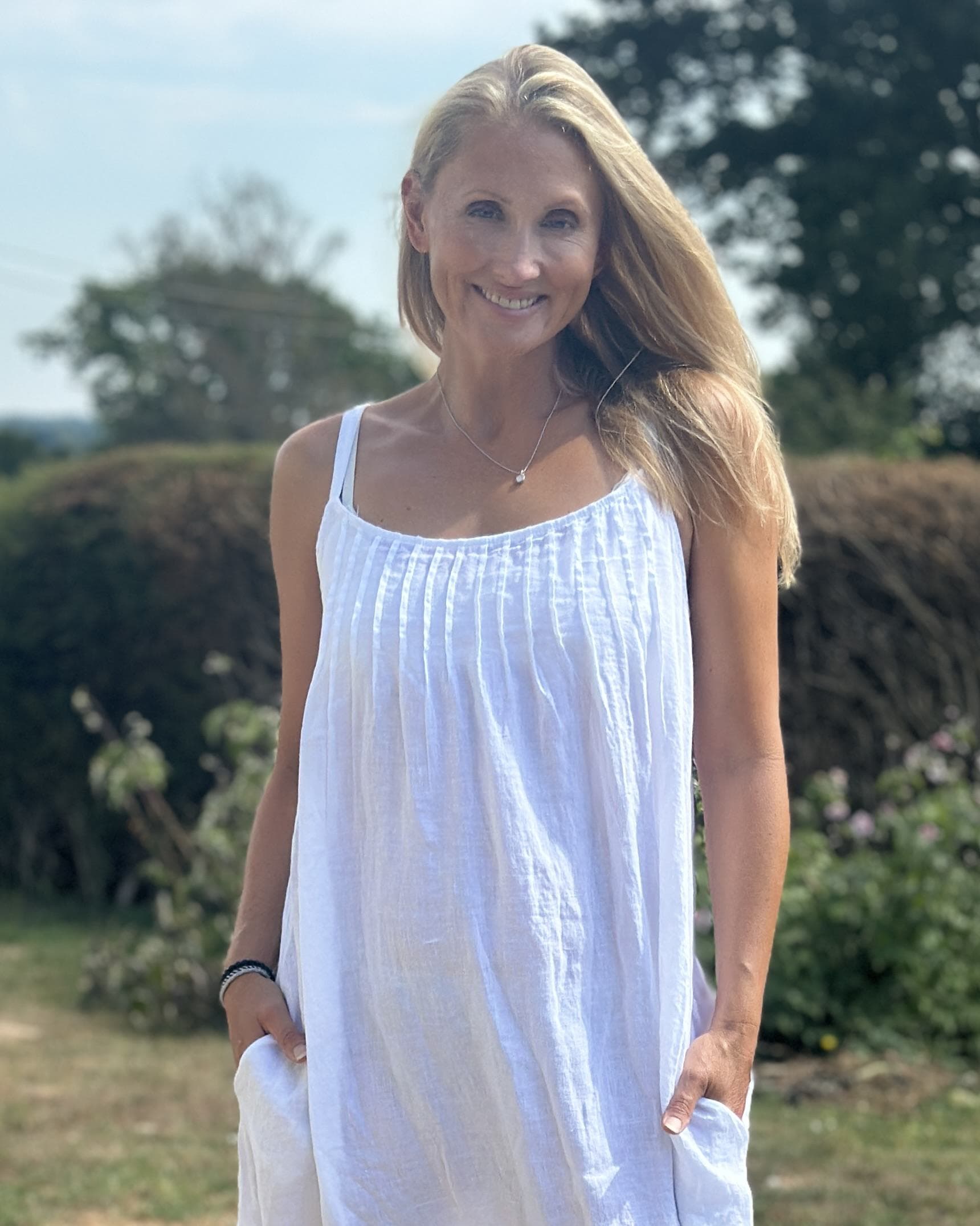 Clothing Long Linen Dress with Spaghetti Straps - White