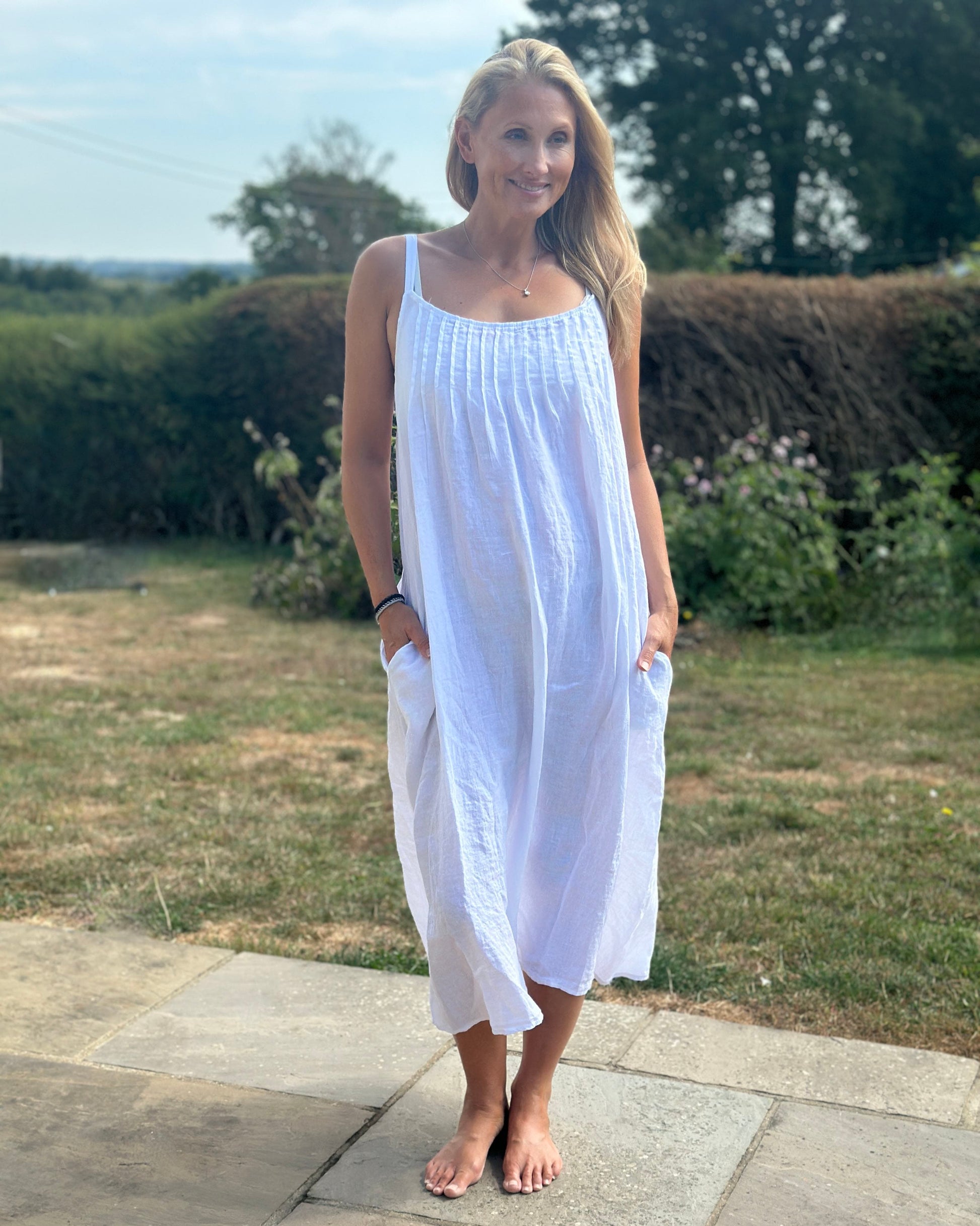 Clothing Long Linen Dress with Spaghetti Straps - White