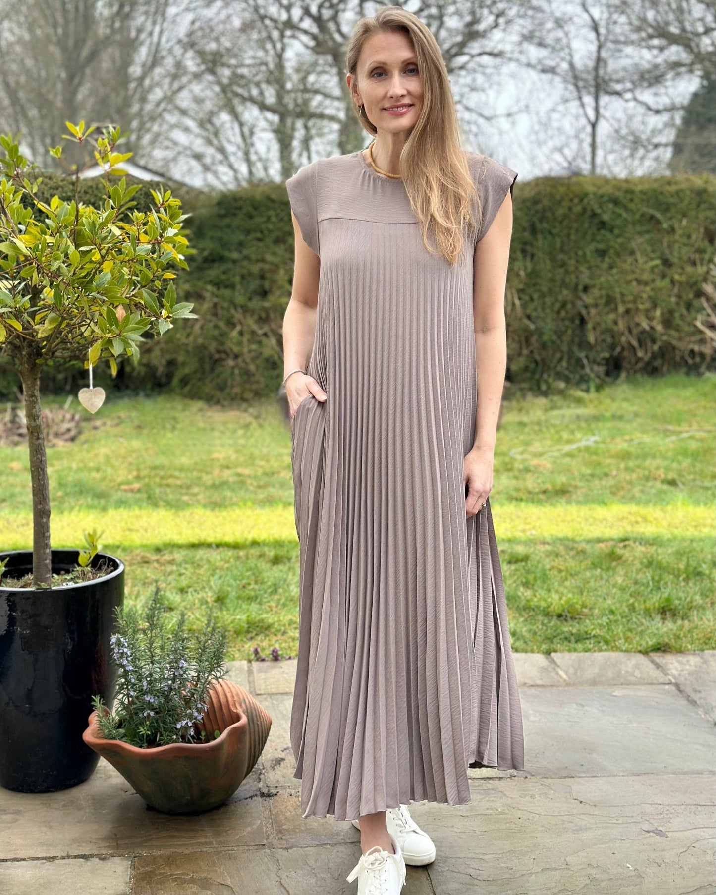 Clothing Long Pleated Dress - Mocha