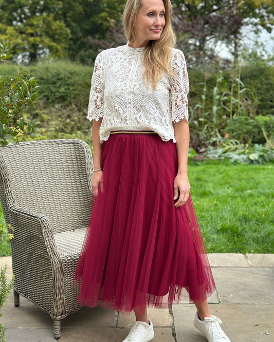 clothing Long Pleated Tulle Skirt - Burgundy