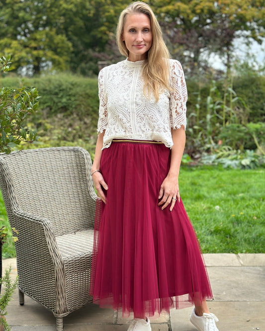 clothing Long Pleated Tulle Skirt - Burgundy