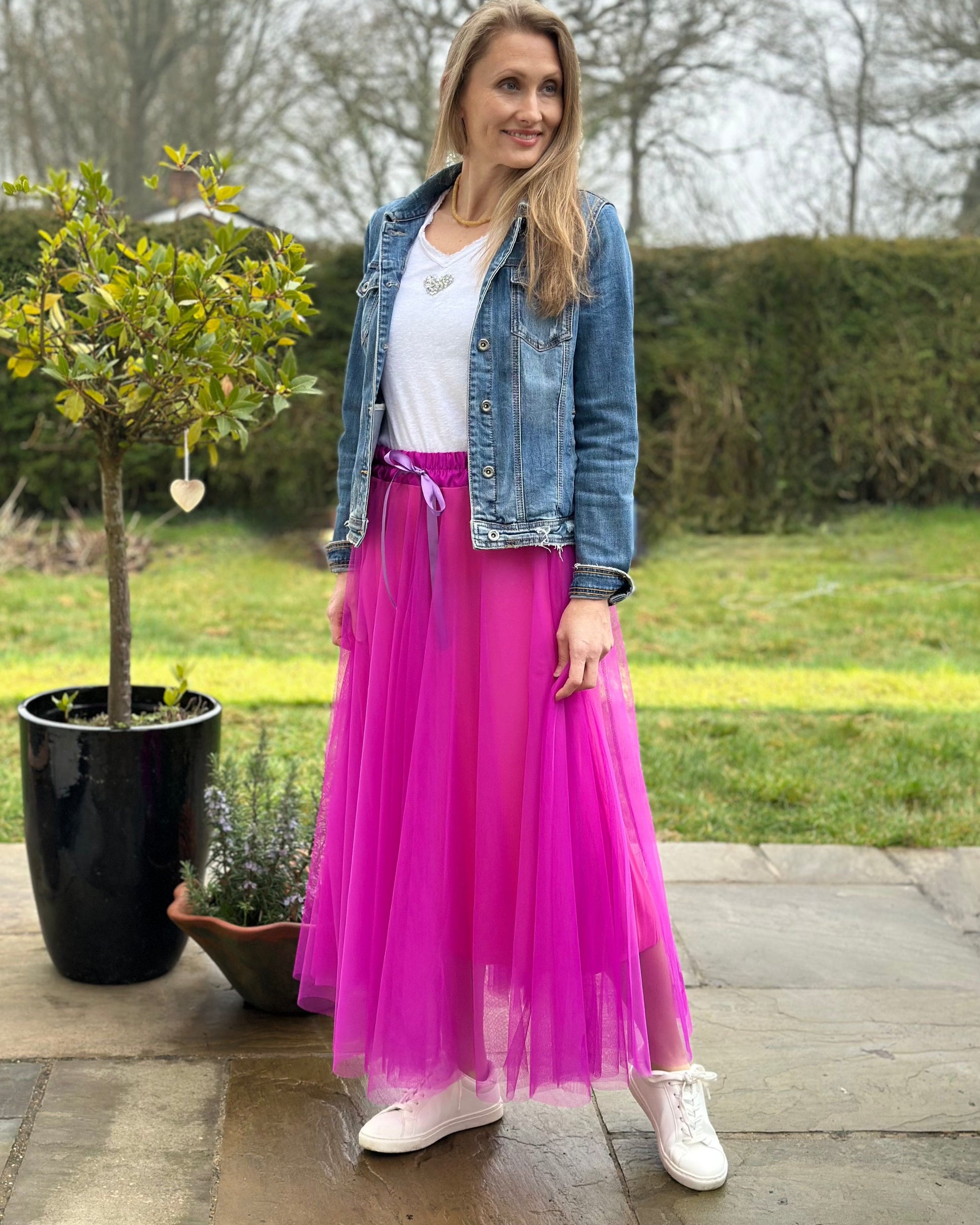clothing Long Pleated Tulle Skirt - Cerise Pink