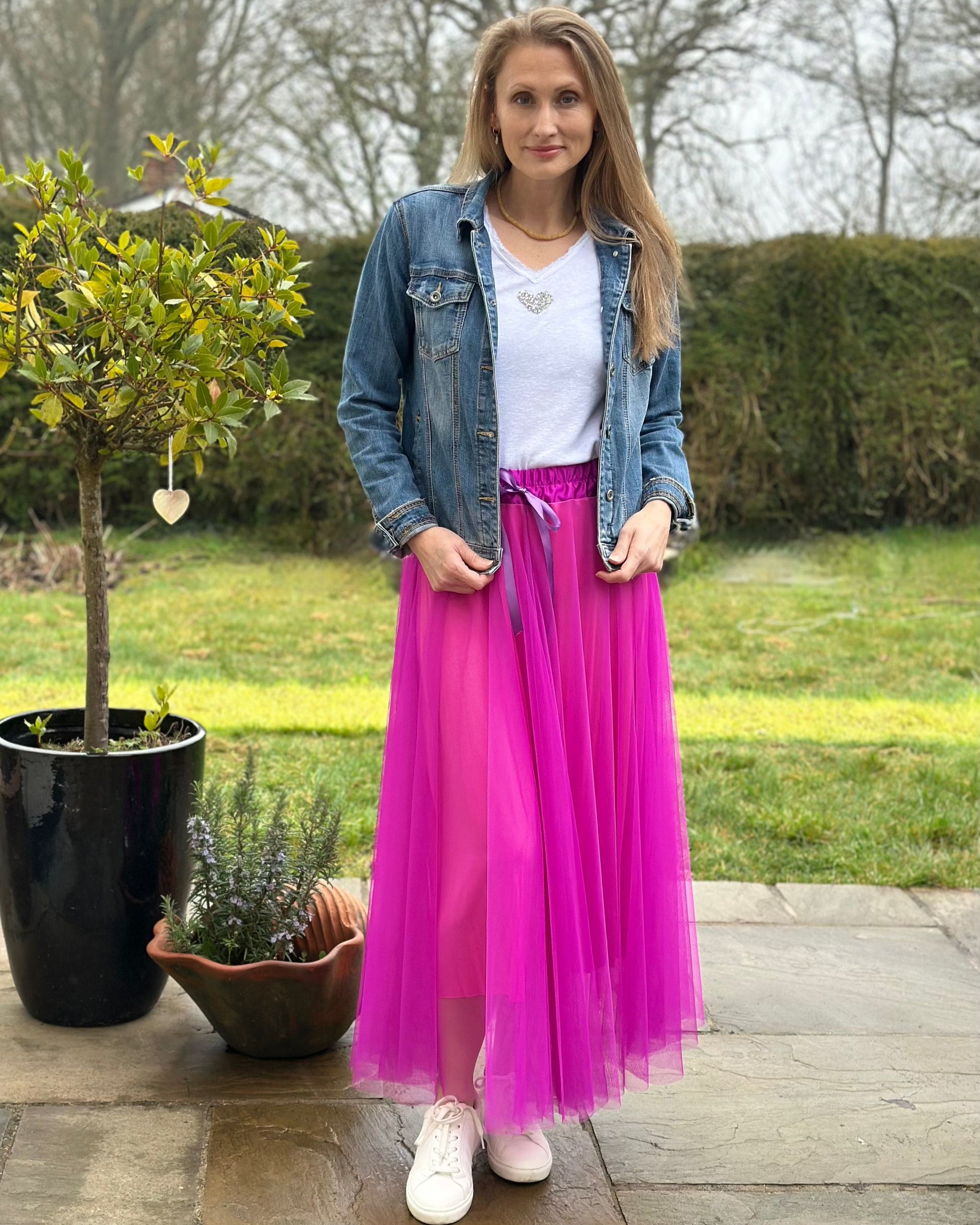 clothing Long Pleated Tulle Skirt - Cerise Pink