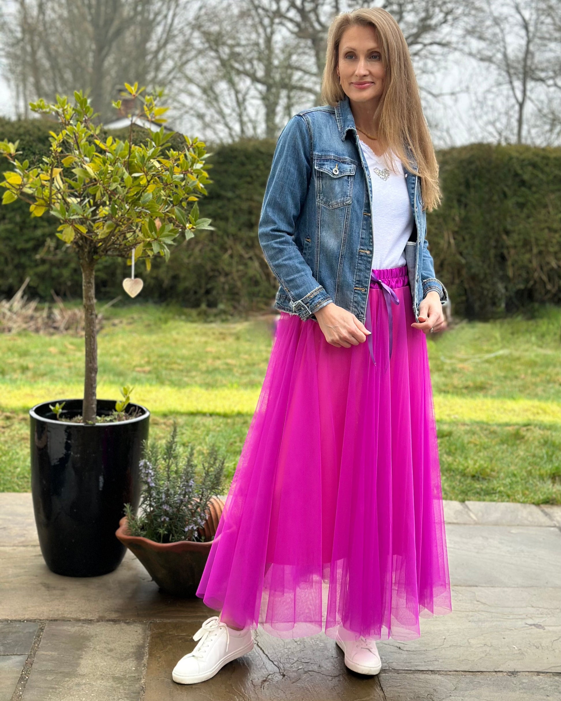 clothing Long Pleated Tulle Skirt - Cerise Pink