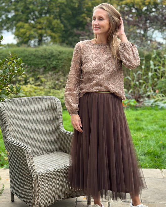 clothing Long Pleated Tulle Skirt - Chocolate