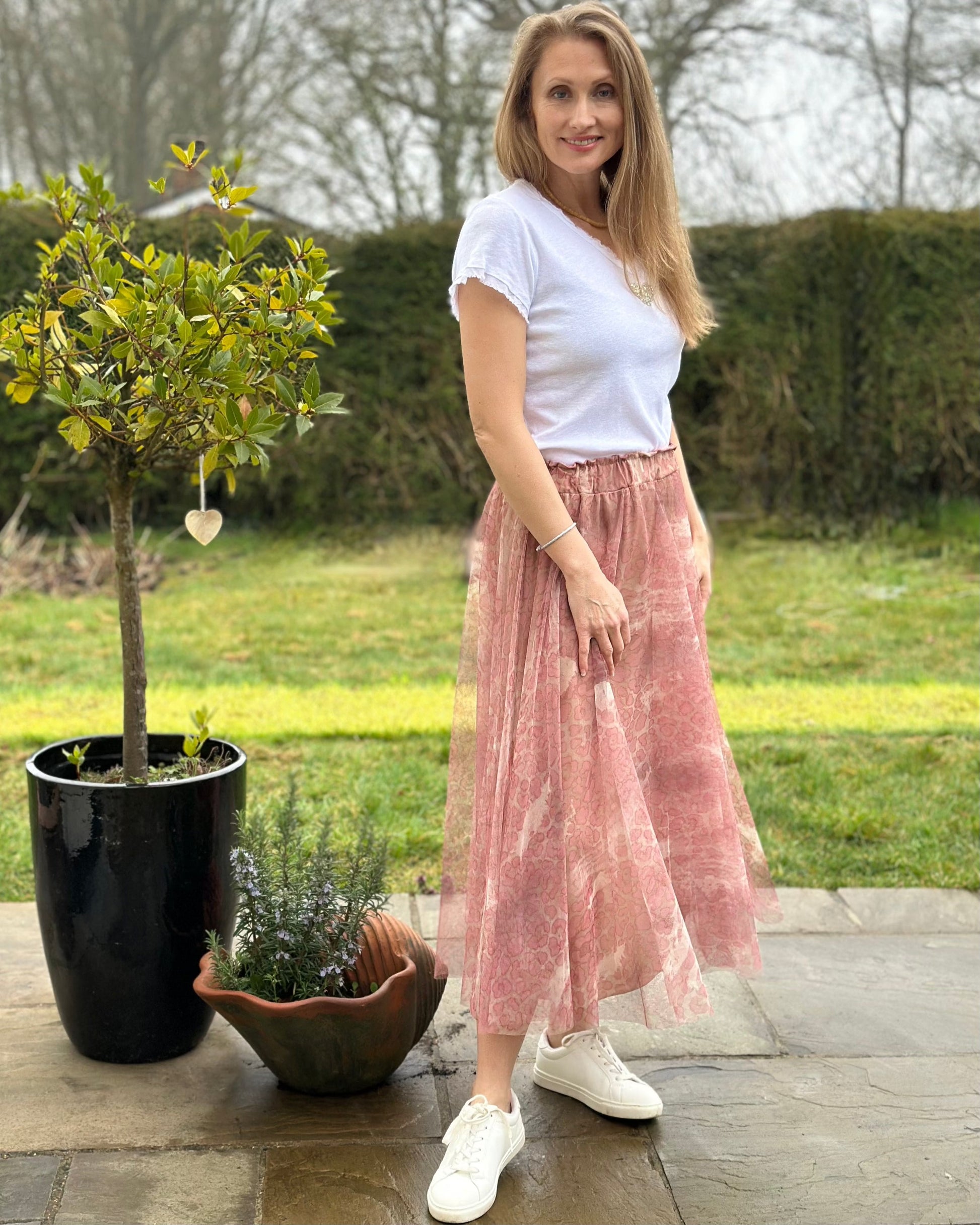 clothing Long Pleated Tulle Skirt In Leopard Print - Dusky Pink