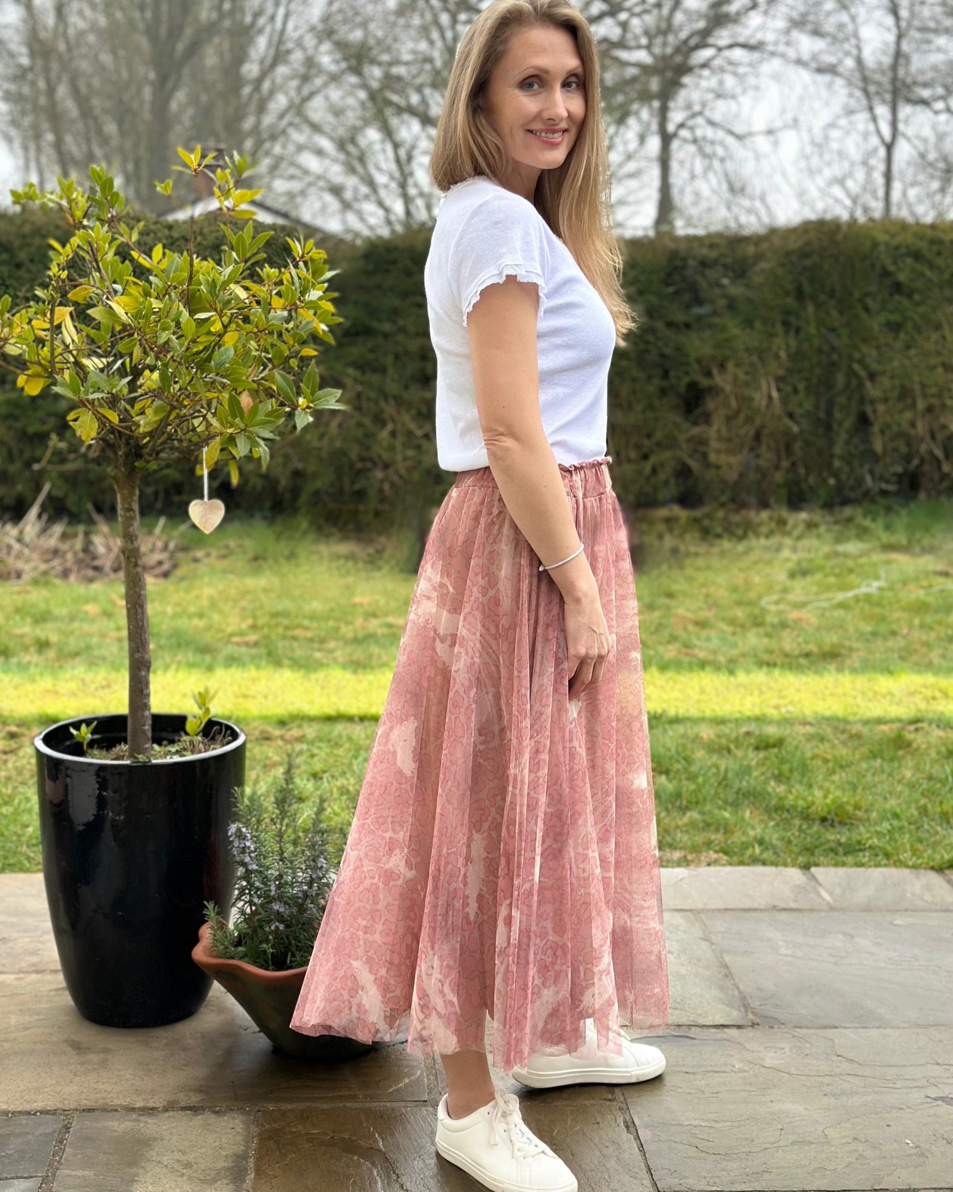 clothing Long Pleated Tulle Skirt In Leopard Print - Dusky Pink