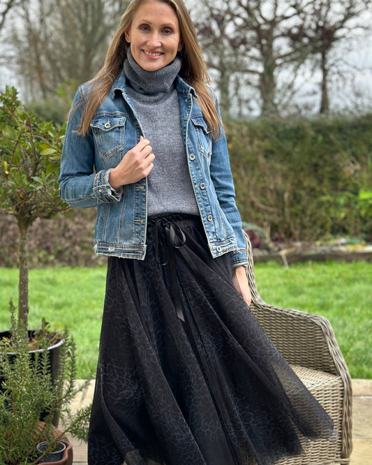 clothing Long Pleated Tulle Skirt In Small Leopard Print - Black