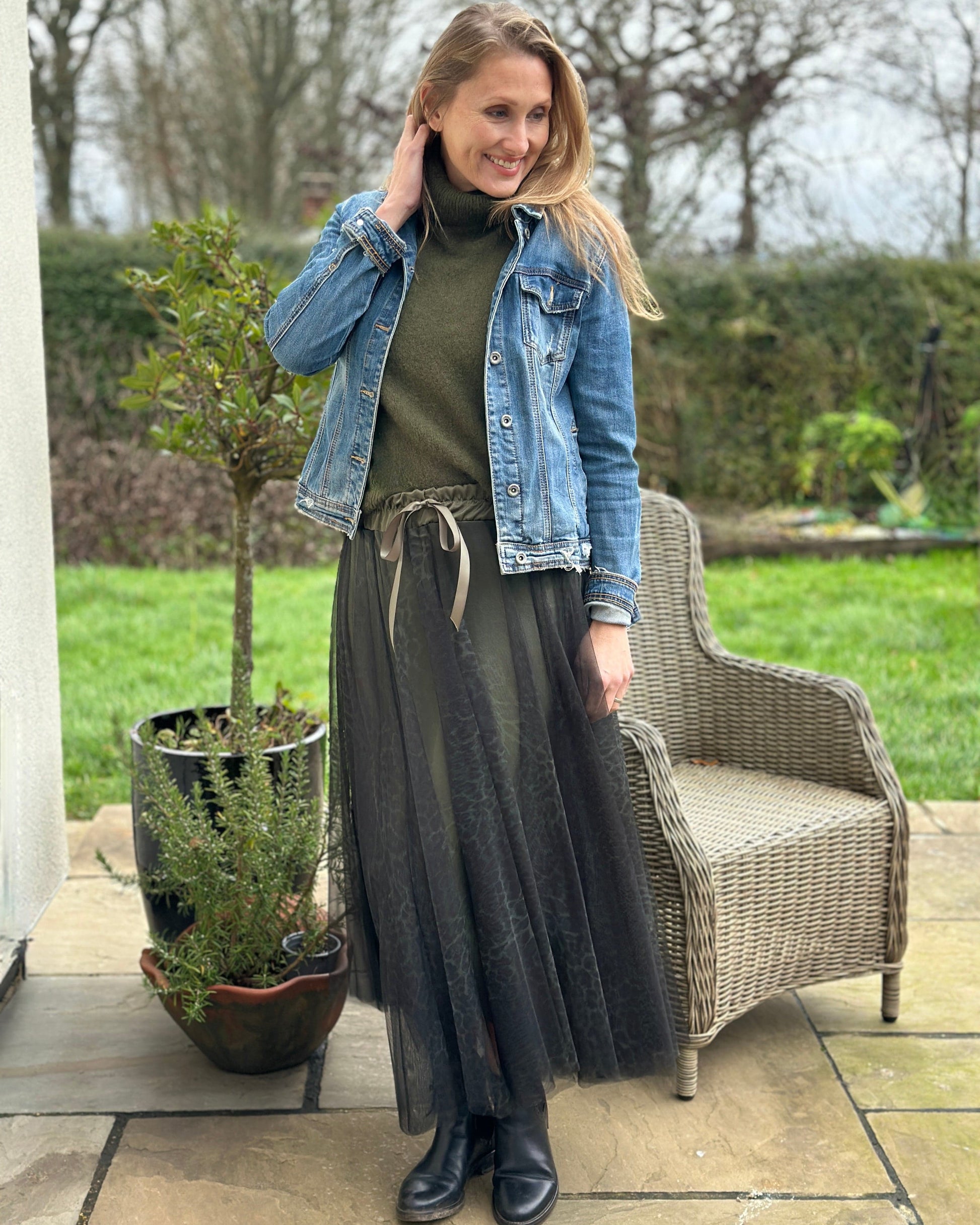 clothing Long Pleated Tulle Skirt In Small Leopard Print - Khaki