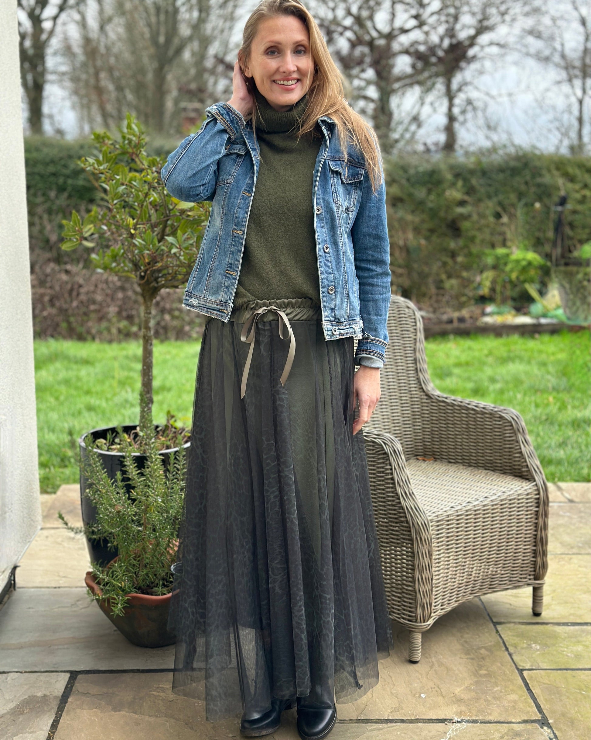 clothing Long Pleated Tulle Skirt In Small Leopard Print - Khaki