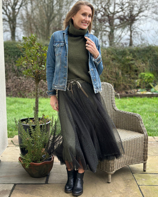 clothing Long Pleated Tulle Skirt In Small Leopard Print - Khaki