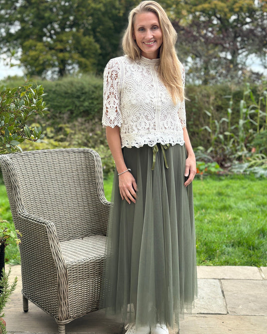 clothing Long Pleated Tulle Skirt - Khaki