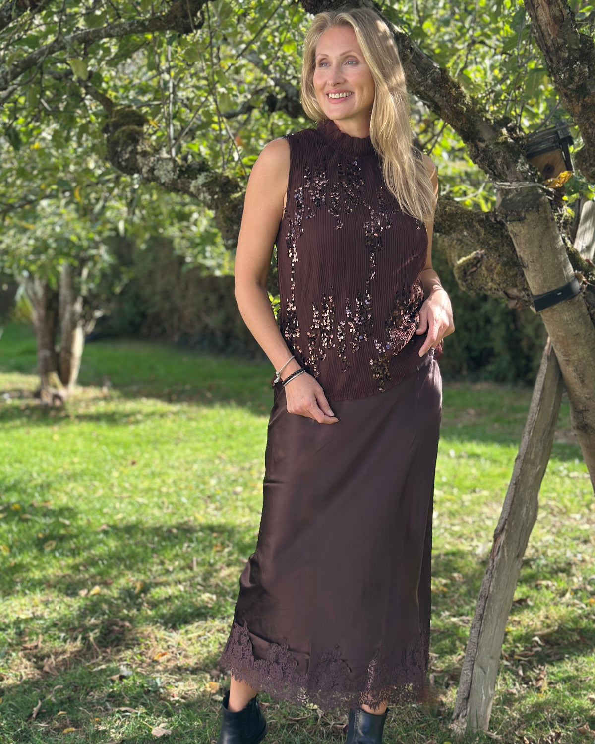 clothing Long Satin & Lace Skirt - Chocolate