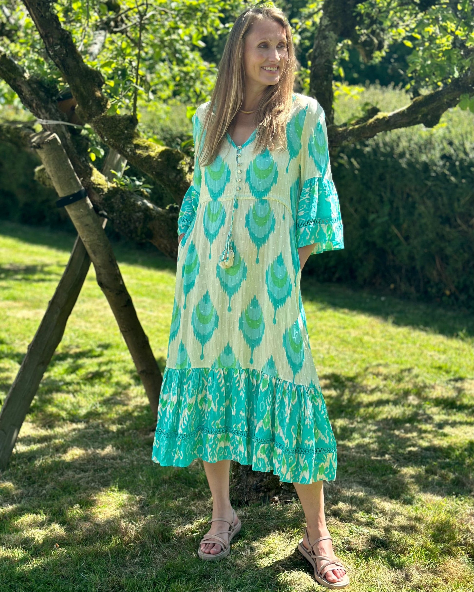 Clothing Long Textured Dress With Tassels - Turquoise/Cream