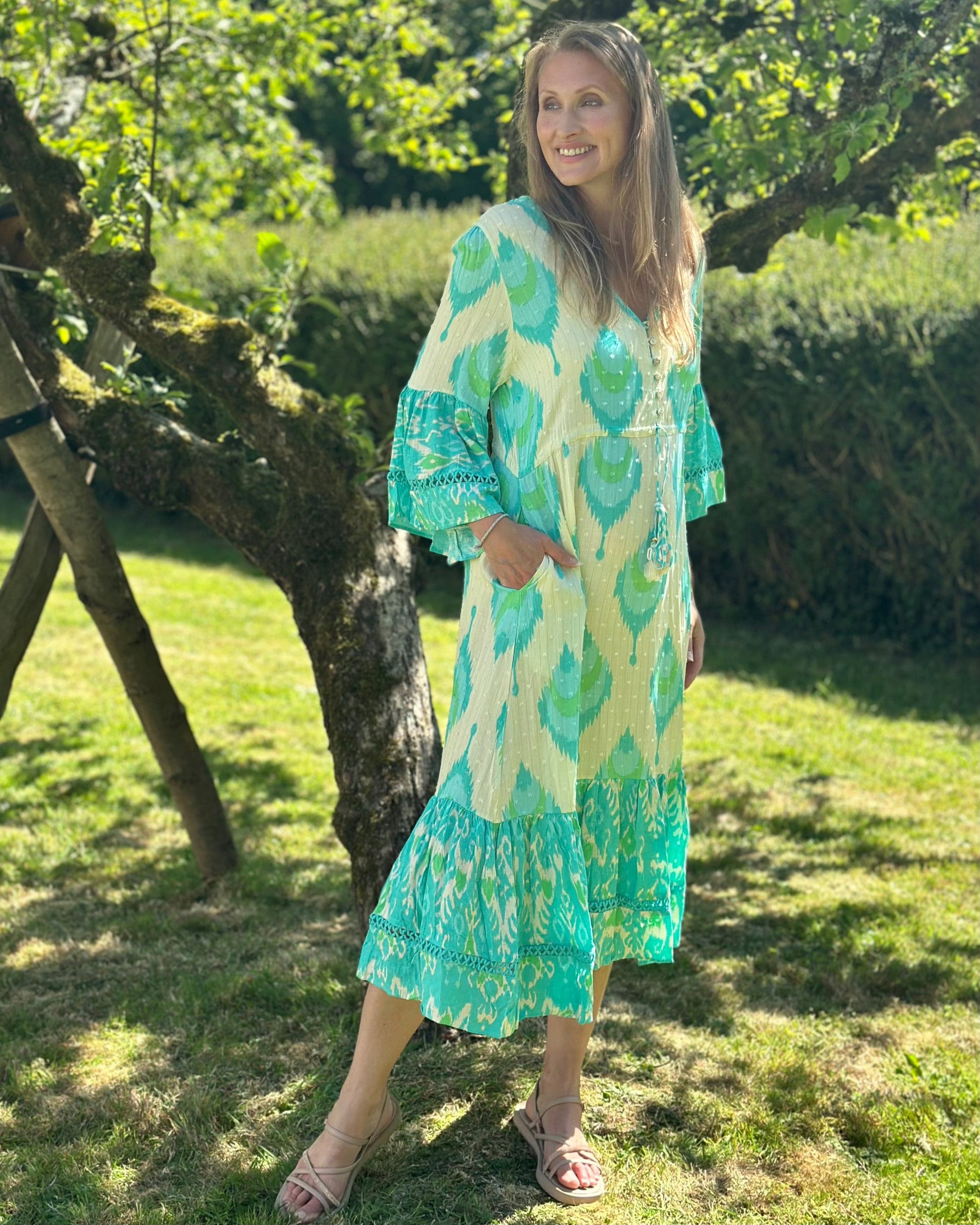 Clothing Long Textured Dress With Tassels - Turquoise/Cream