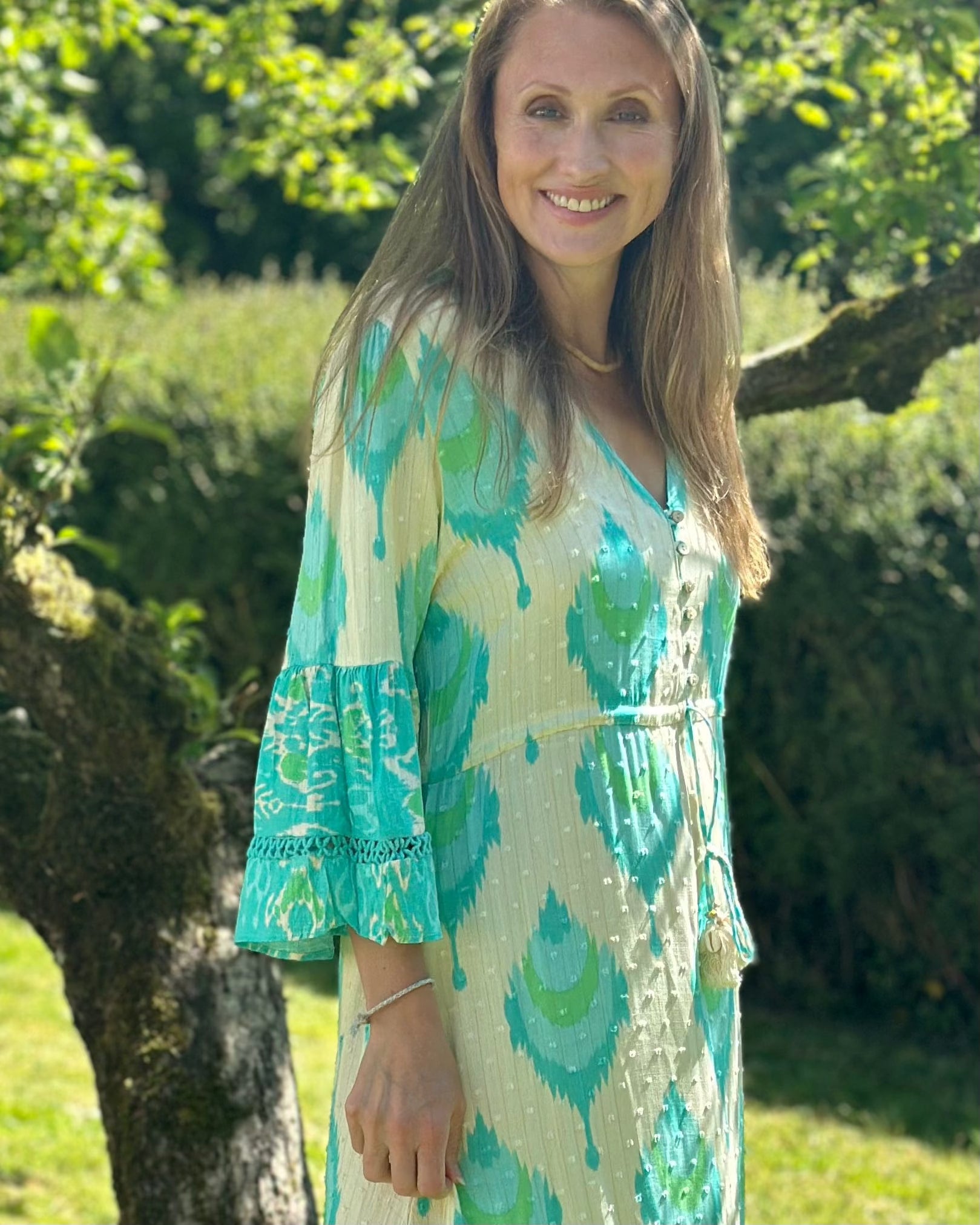 Clothing Long Textured Dress With Tassels - Turquoise/Cream