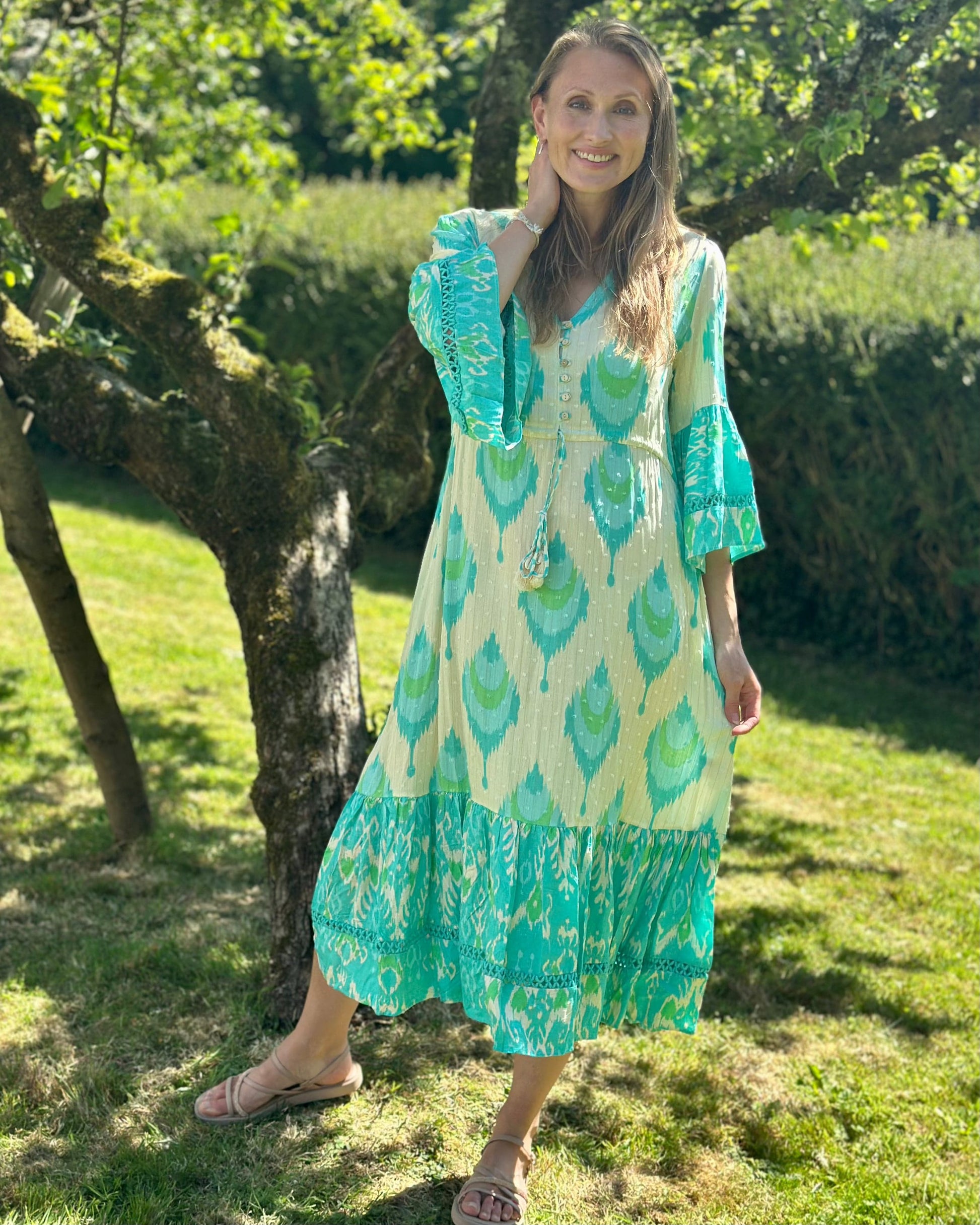 Clothing Long Textured Dress With Tassels - Turquoise/Cream