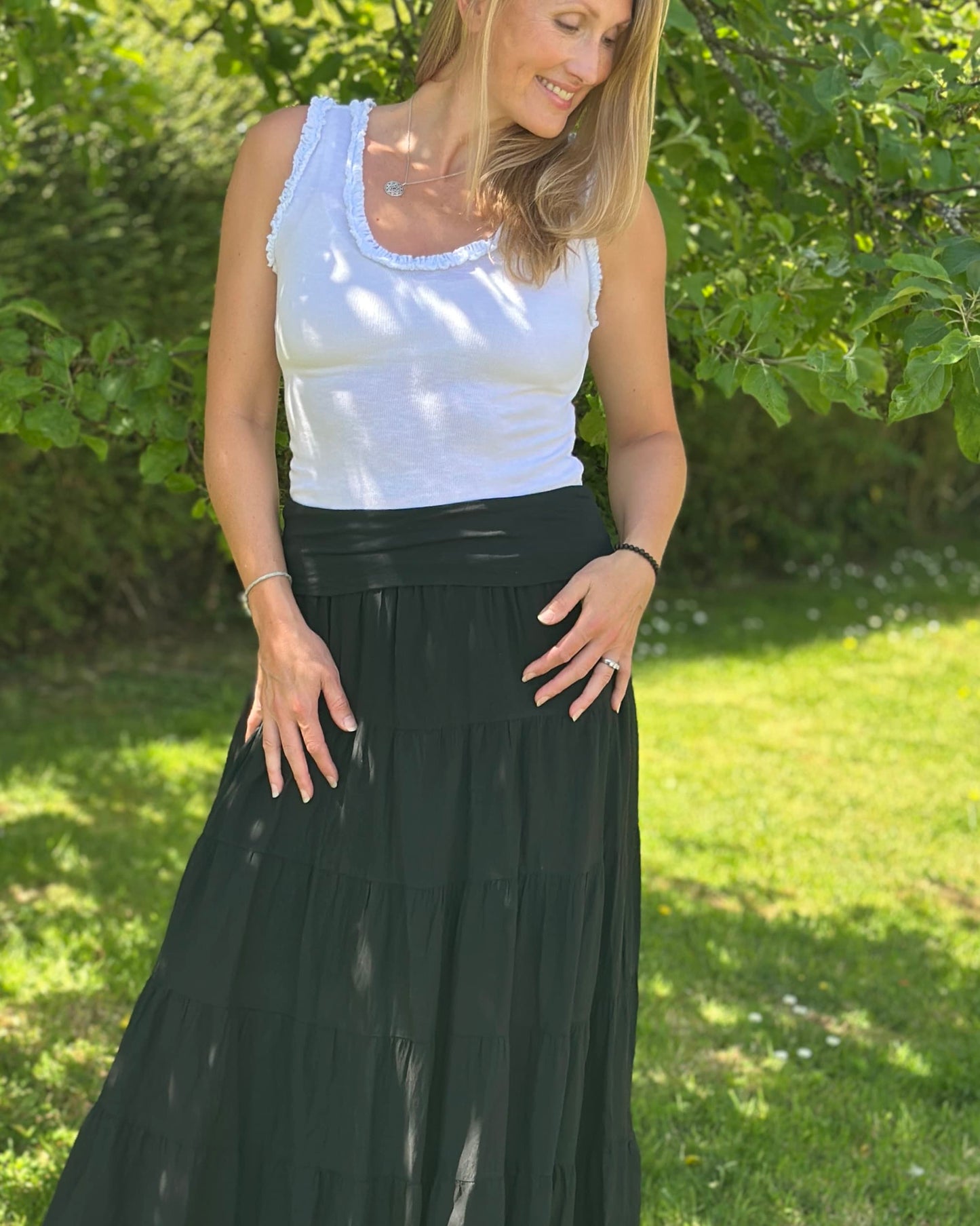 Clothing Long Tiered Cotton Skirt/Dress - Black