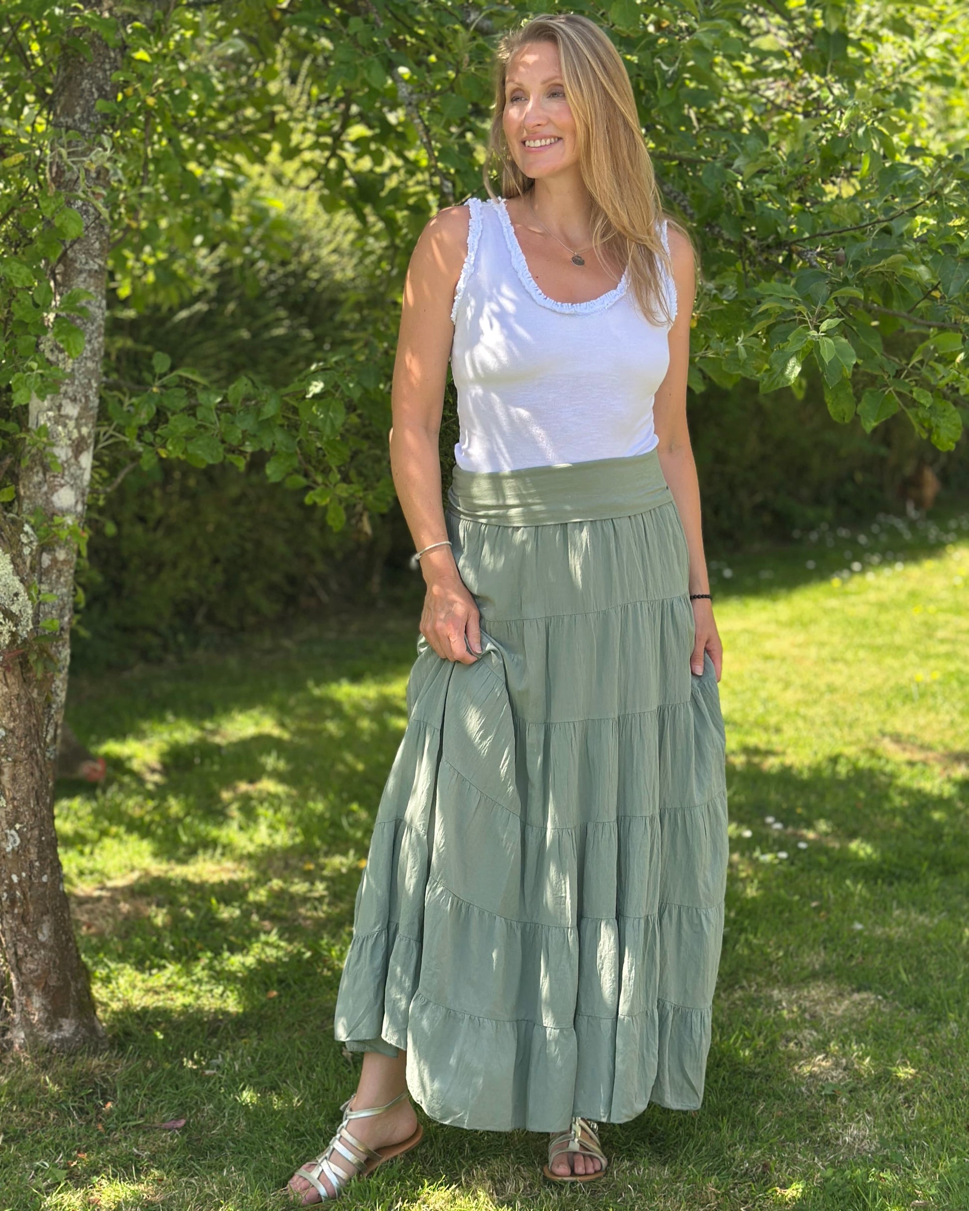 Clothing Long Tiered Cotton Skirt/Dress - Khaki