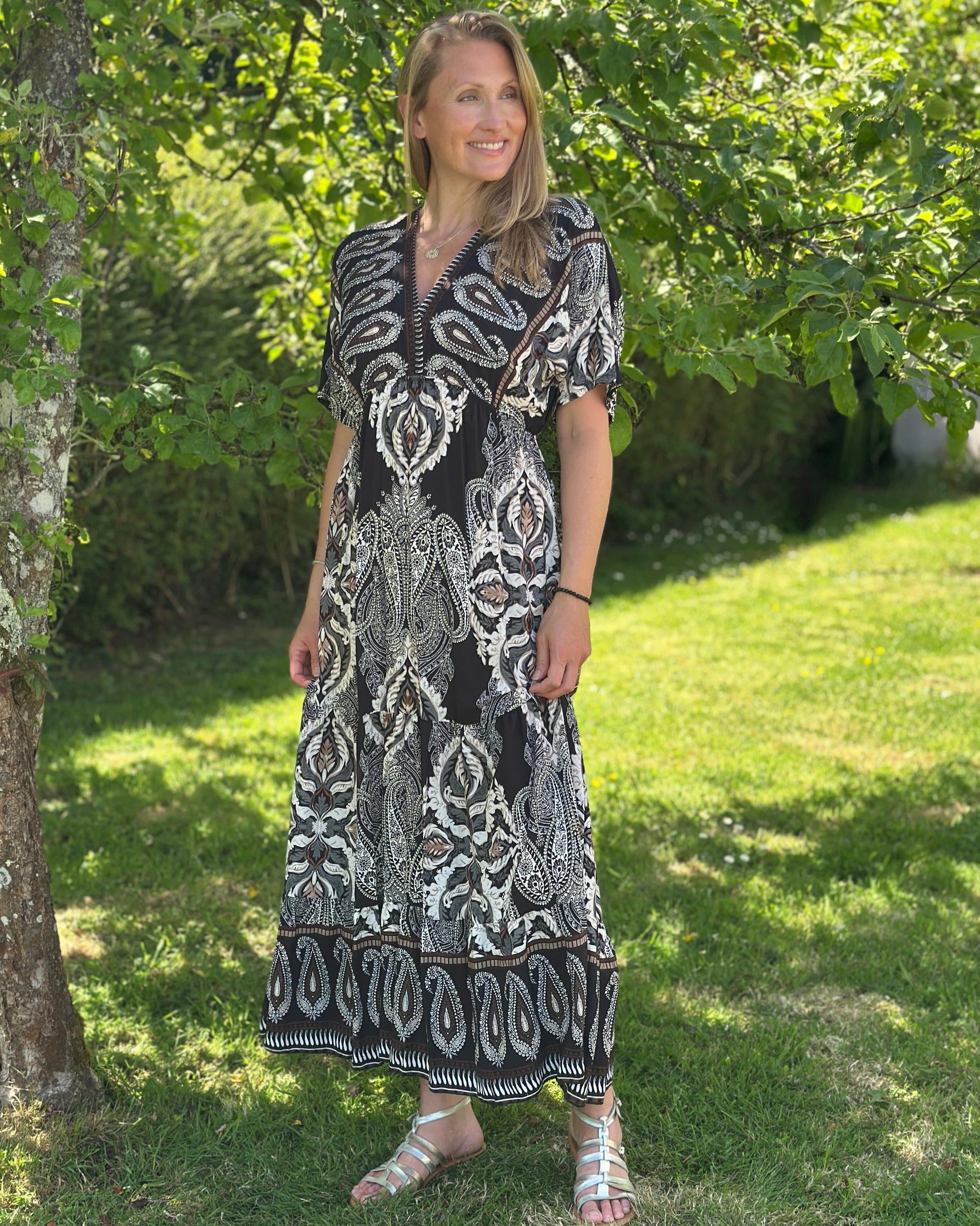 Clothing Long Tiered Patterned Dress - Black