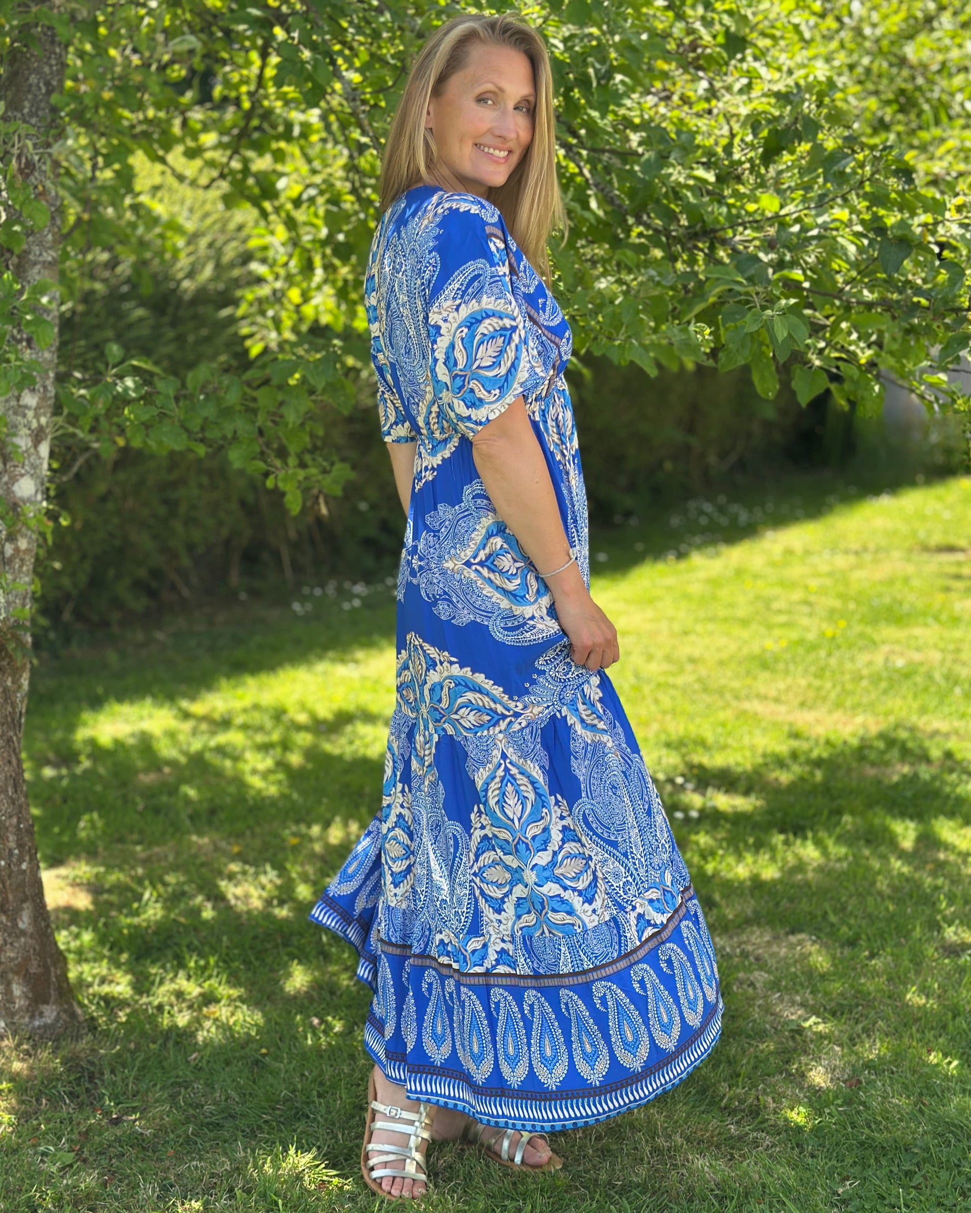 Clothing Long Tiered Patterned Dress - Cobalt Blue