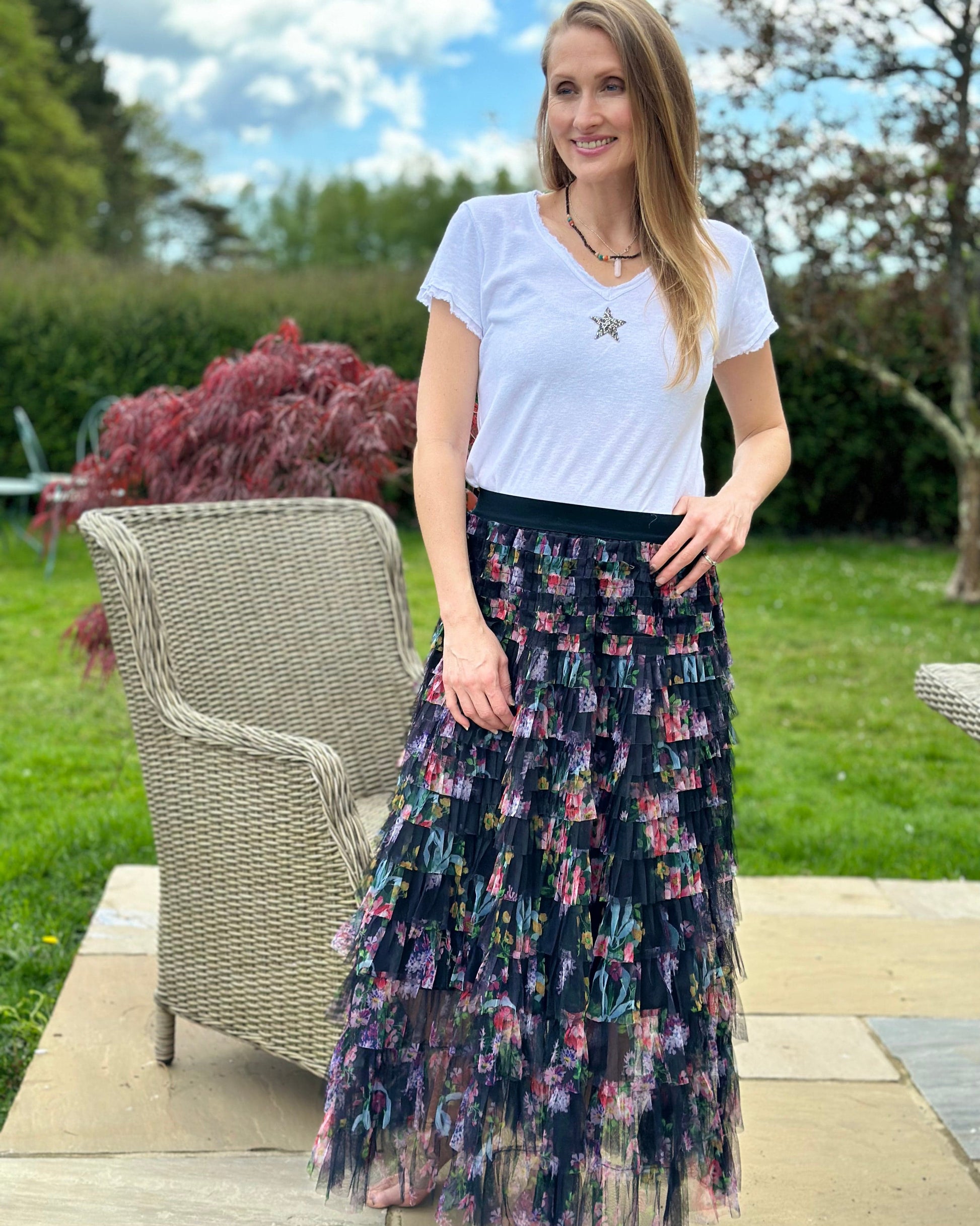 clothing Long Tiered Tulle Skirt - Black/Floral
