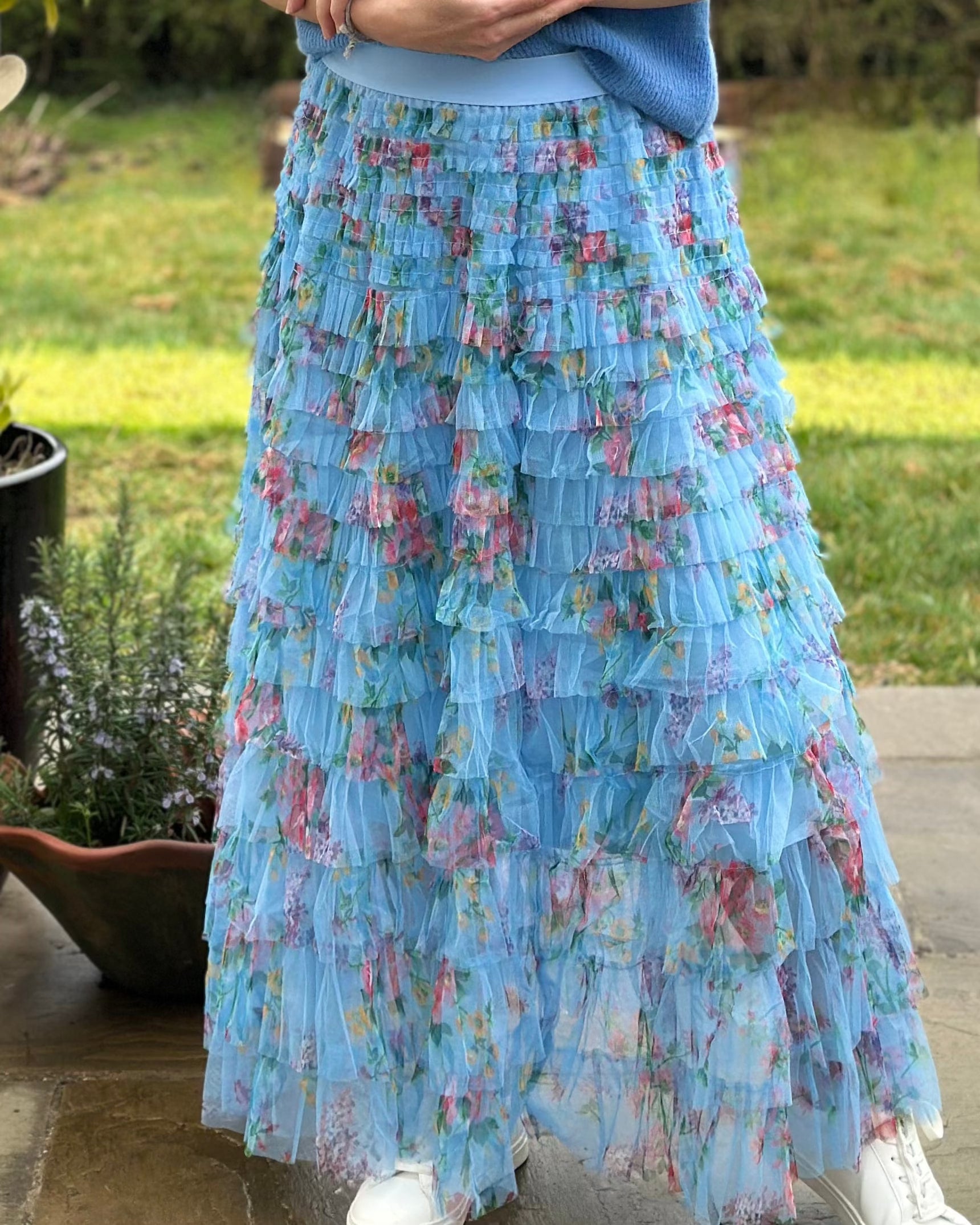 clothing Long Tiered Tulle Skirt - Cornflower Blue