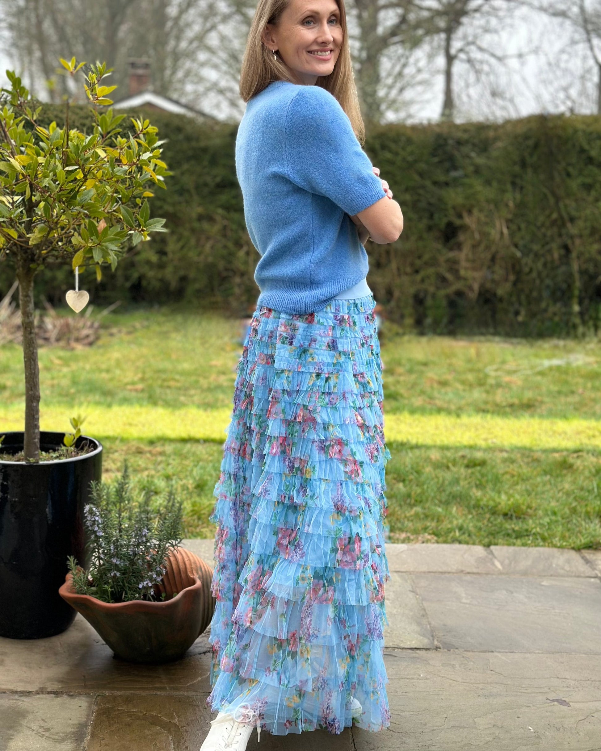clothing Long Tiered Tulle Skirt - Cornflower Blue