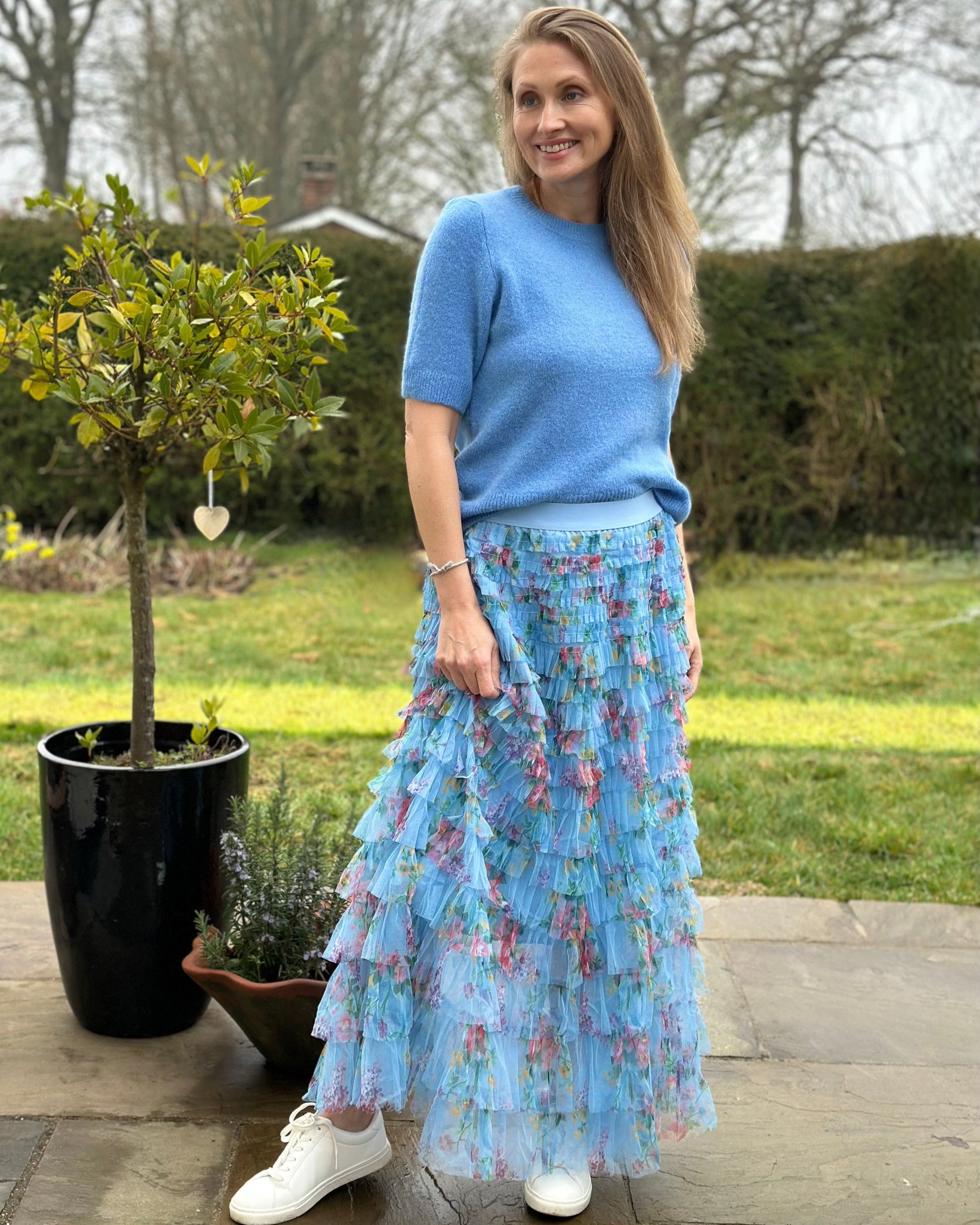 clothing Long Tiered Tulle Skirt - Cornflower Blue