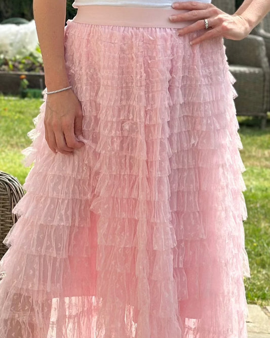 clothing Long Tiered Tulle Skirt - Pink Embossed Hearts