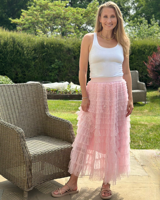 clothing Long Tiered Tulle Skirt - Pink Embossed Hearts