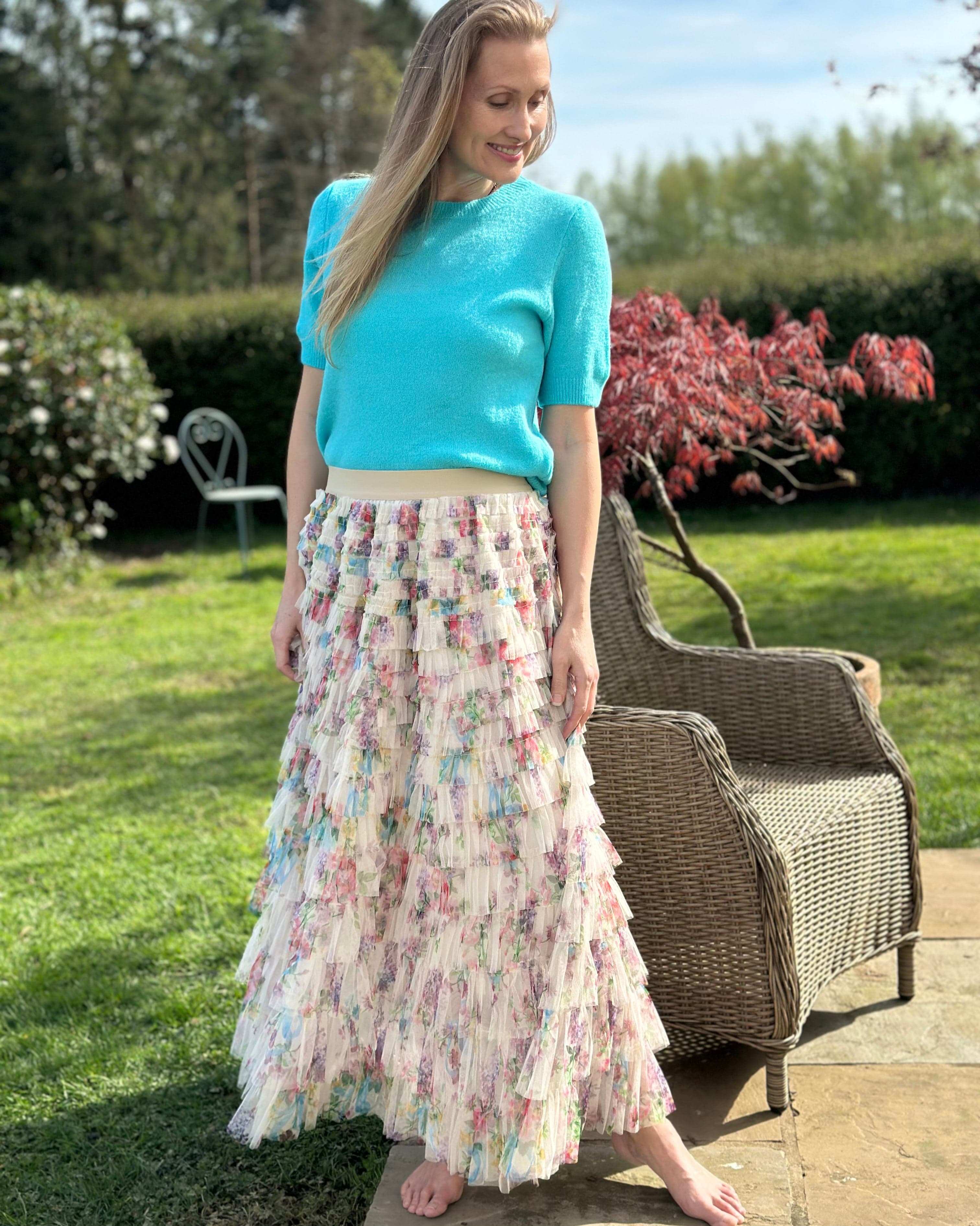 Long Tiered Tulle Skirt Stone/Floral LavenderLime clothing