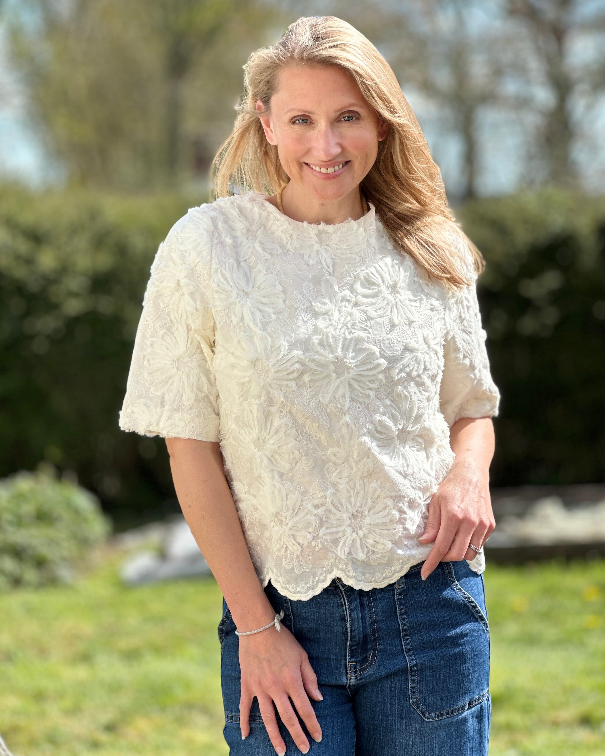 Clothing Lotus Floral Ribbon Top - Cream